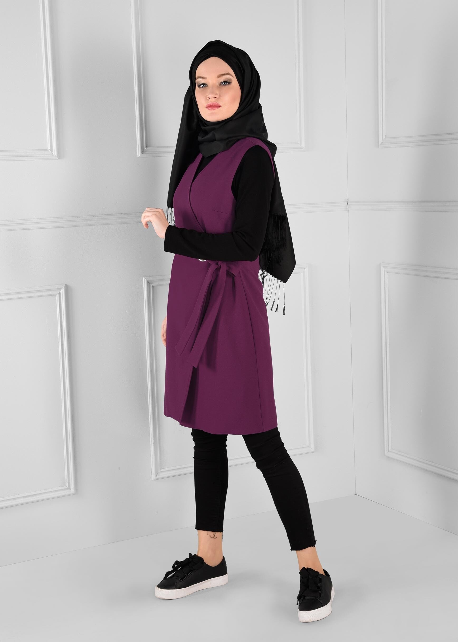 Tesettür giyim MOR KUŞAKLI ANVELOP YELEK 4707