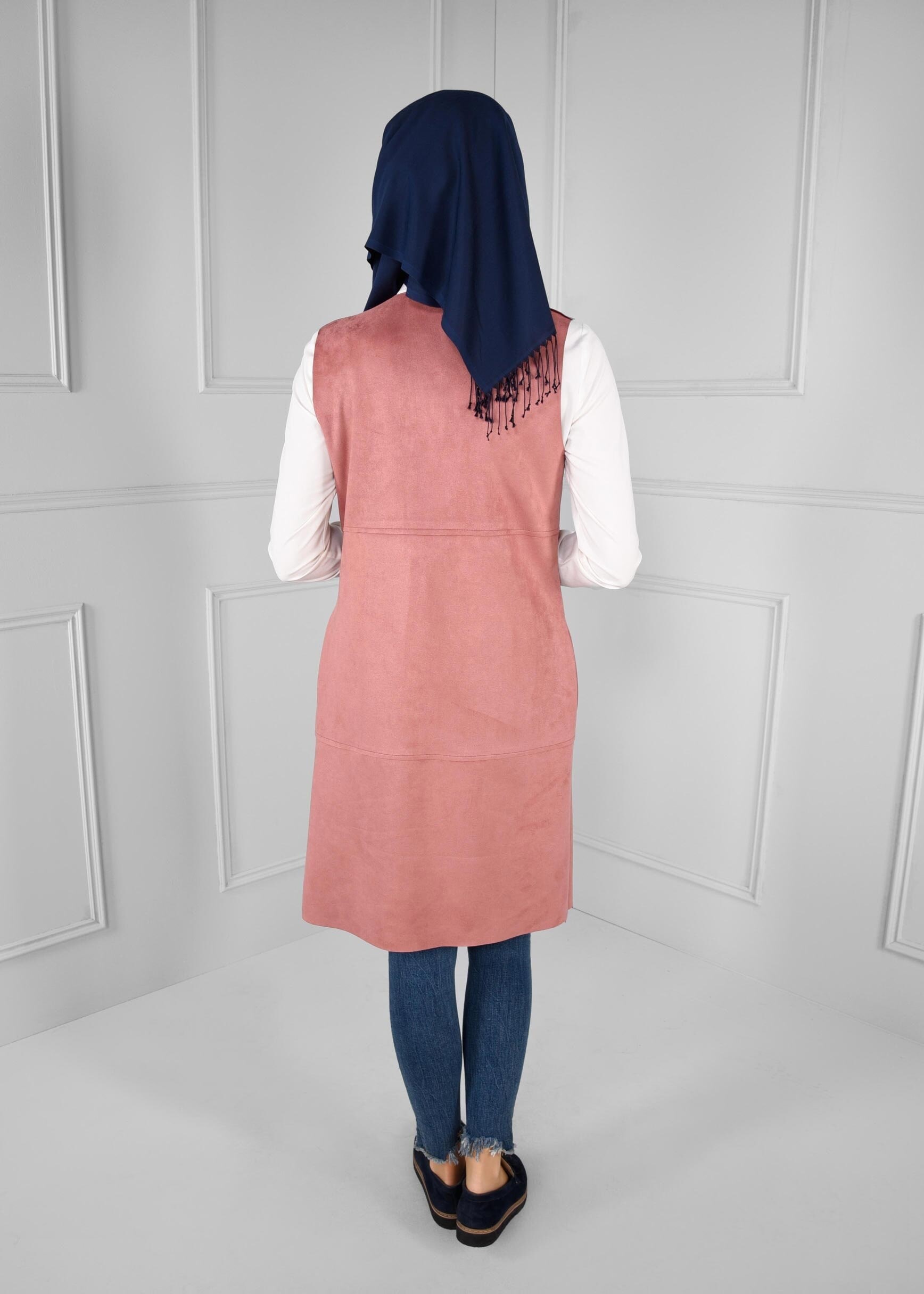 Tesettür giyim PUDRA BROŞ DETAYLI SÜET YELEK 4728