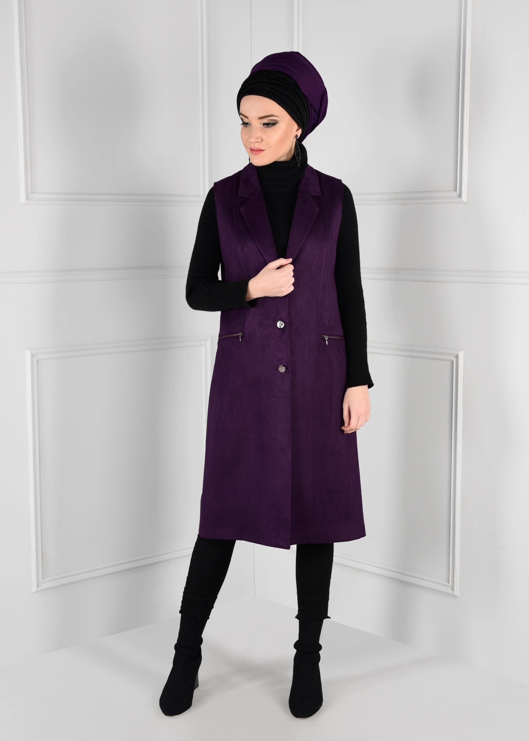Tesettür giyim MOR DÜĞMELİ CEPLİ SÜET YELEK 4792
