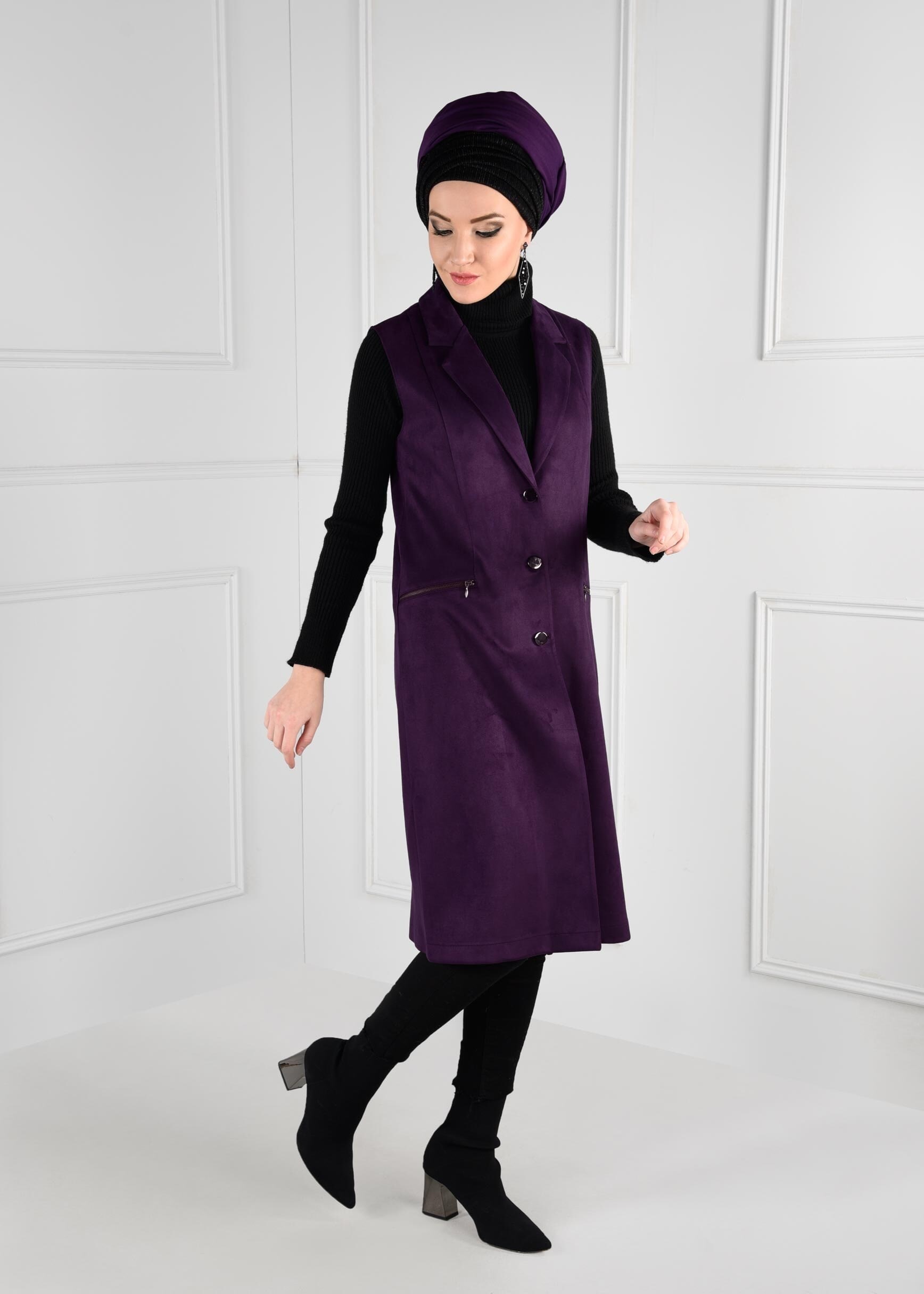 Tesettür giyim MOR DÜĞMELİ CEPLİ SÜET YELEK 4792
