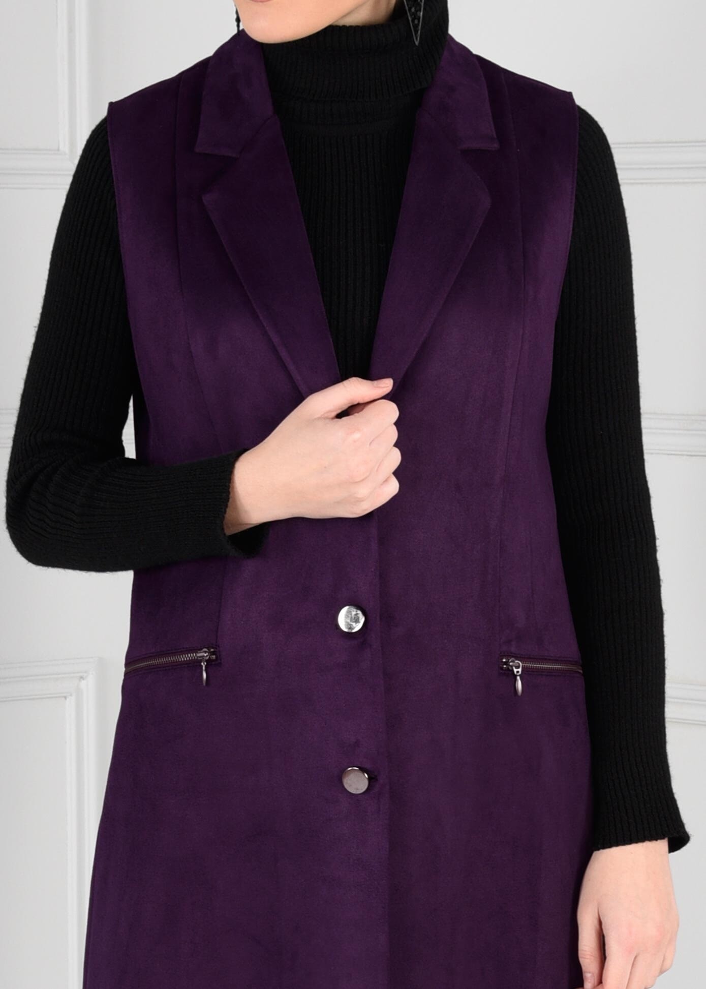 Tesettür giyim MOR DÜĞMELİ CEPLİ SÜET YELEK 4792