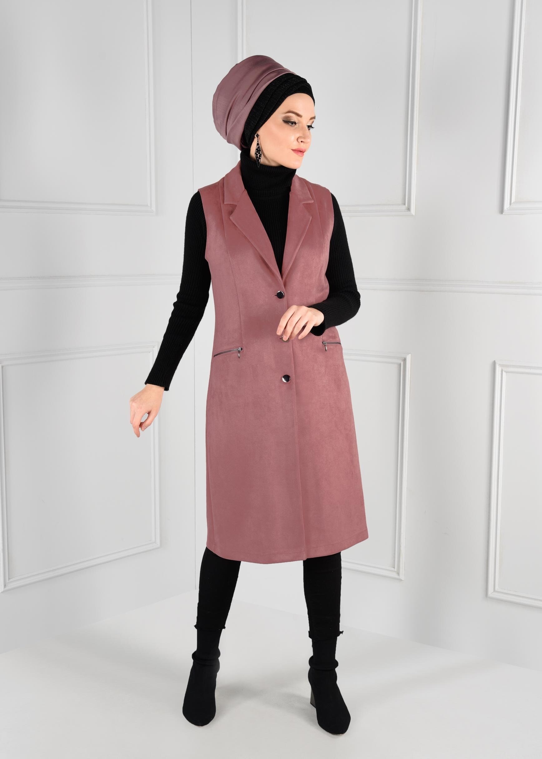 Tesettür giyim PUDRA DÜĞMELİ CEPLİ SÜET YELEK 4792