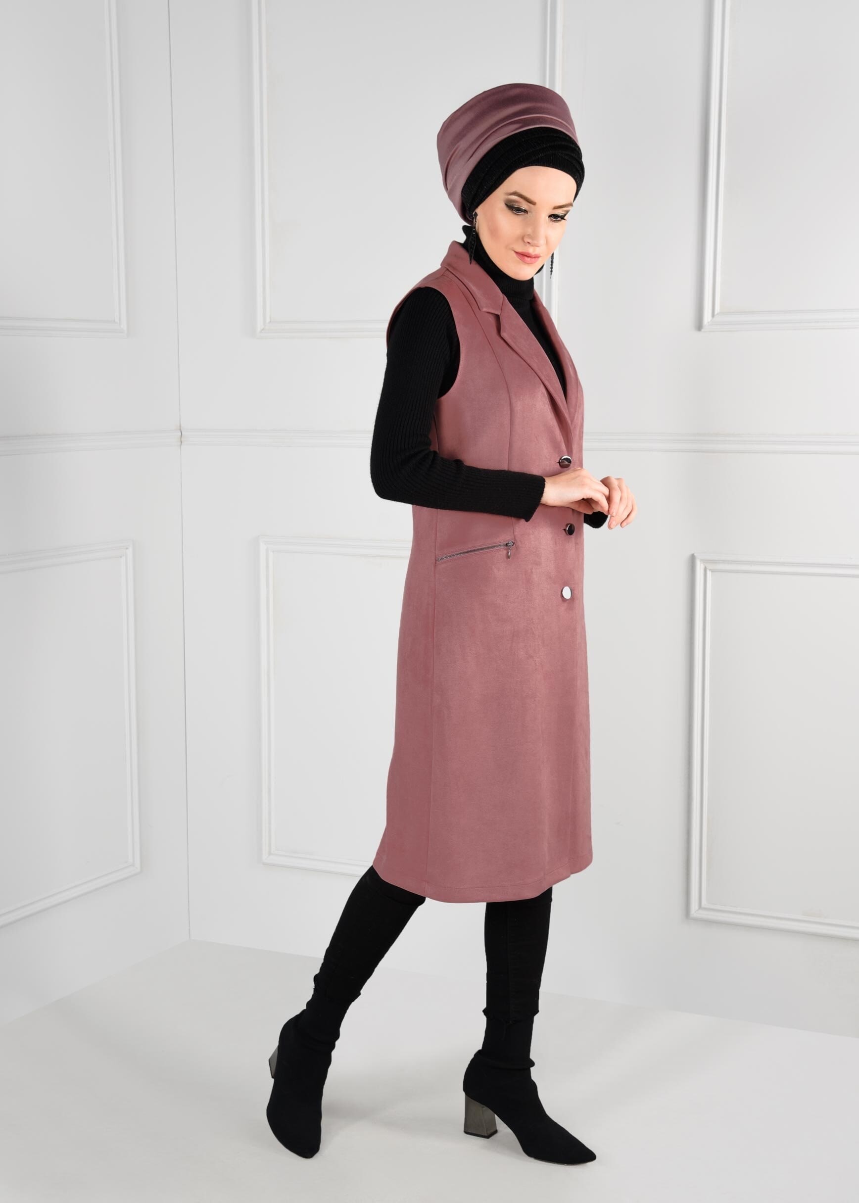 Tesettür giyim PUDRA DÜĞMELİ CEPLİ SÜET YELEK 4792