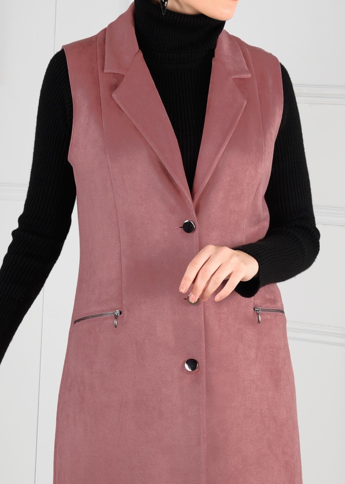 Tesettür giyim PUDRA DÜĞMELİ CEPLİ SÜET YELEK 4792