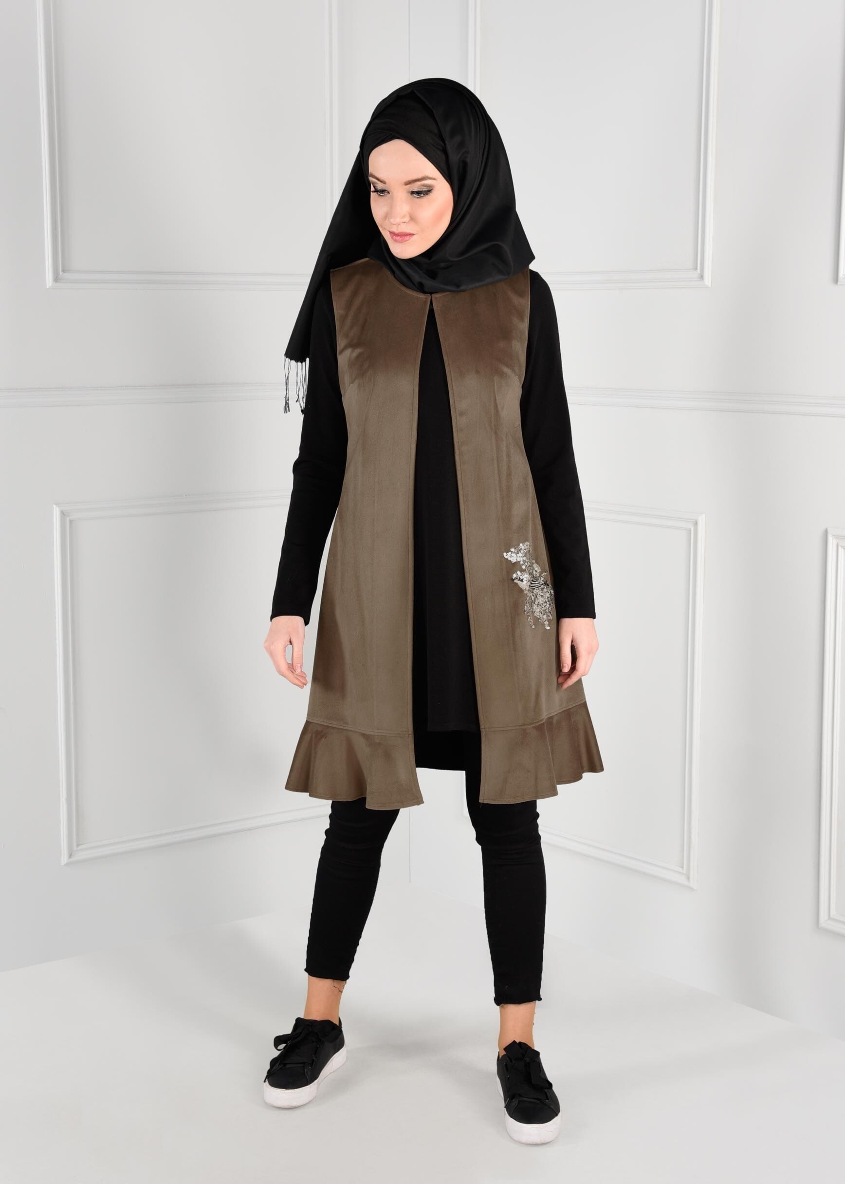 Tesettür giyim KAHVE PAYET DETAYLI ETEK UCU VOLANLI YELEK 4834