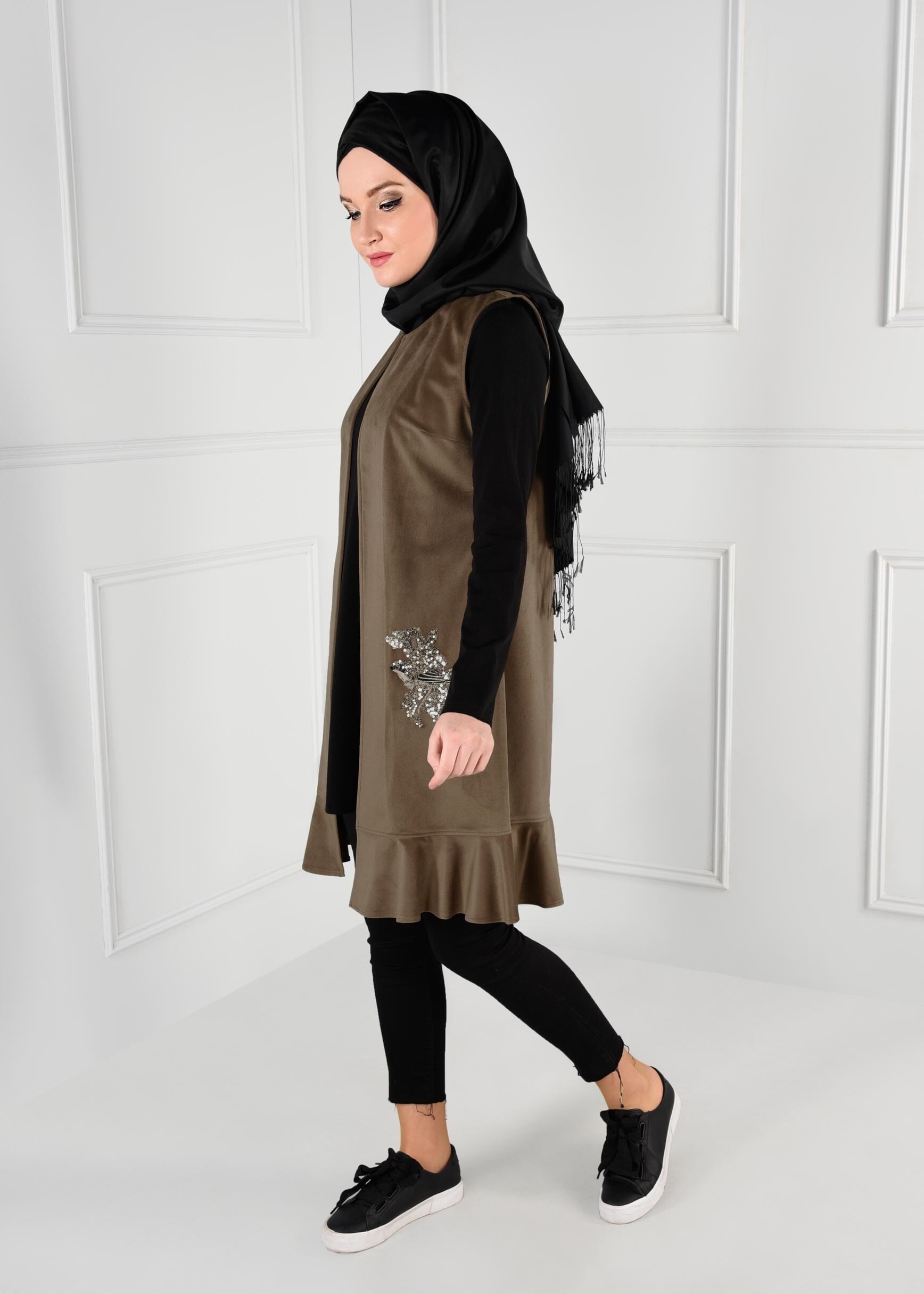 Tesettür giyim KAHVE PAYET DETAYLI ETEK UCU VOLANLI YELEK 4834