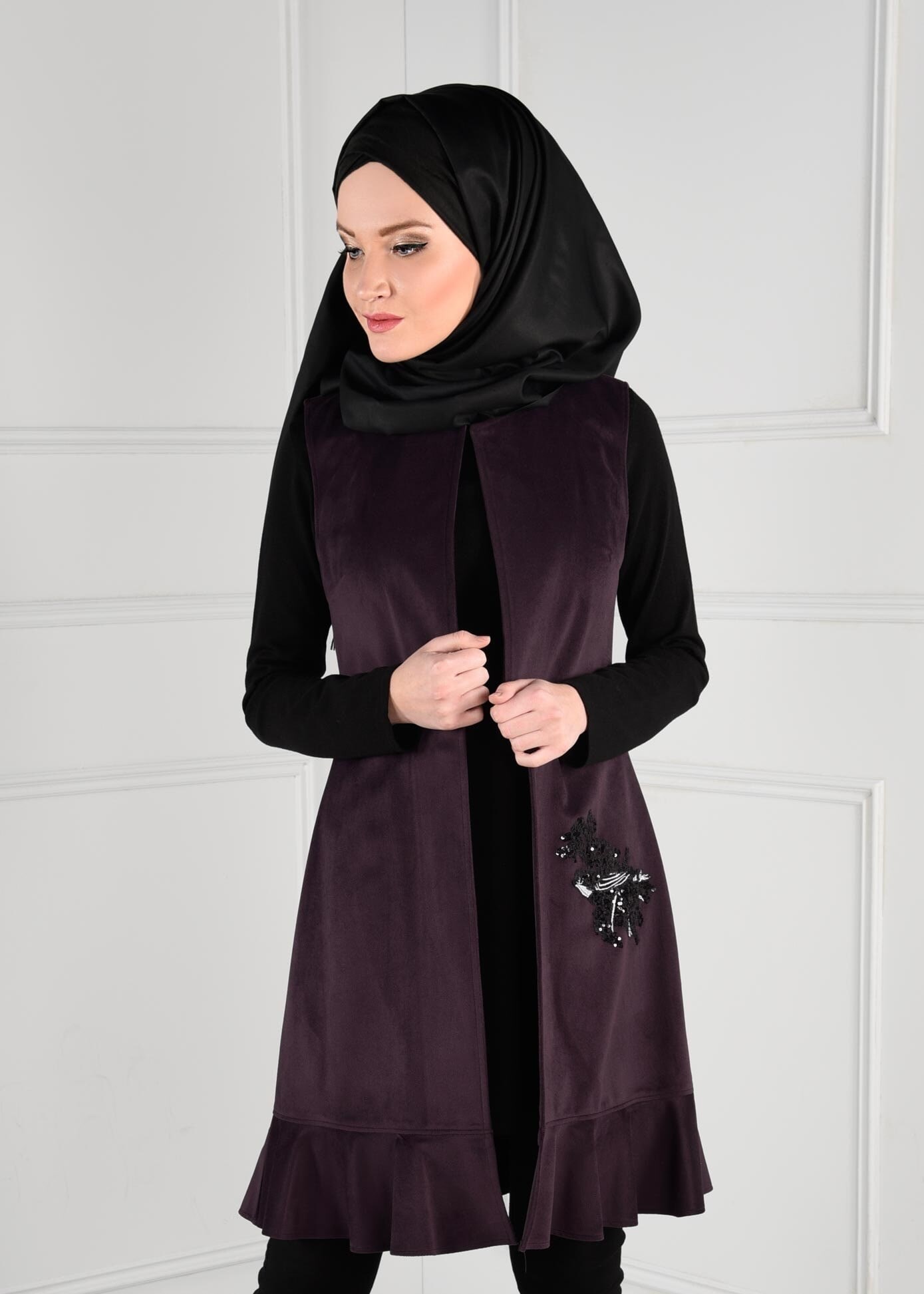 Tesettür giyim MÜRDÜM PAYET DETAYLI ETEK UCU VOLANLI YELEK 4834