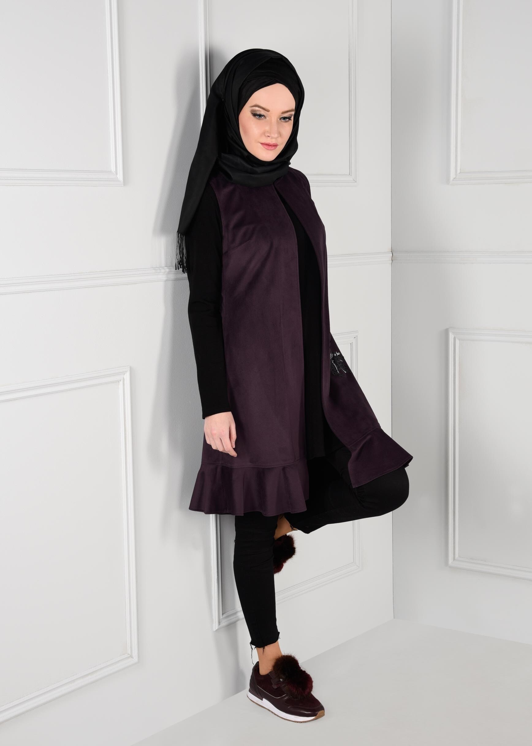 Tesettür giyim MÜRDÜM PAYET DETAYLI ETEK UCU VOLANLI YELEK 4834