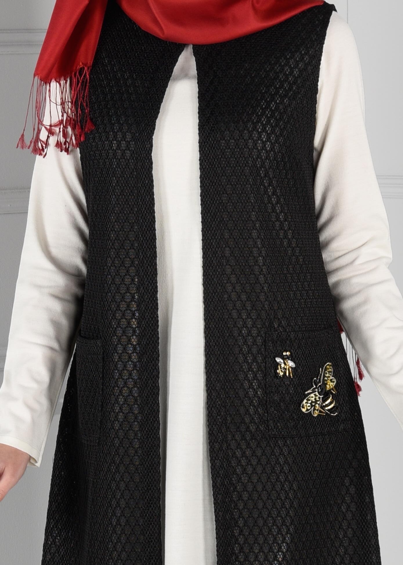 Tesettür giyim SİYAH CEPLİ FİLE YELEK 4835