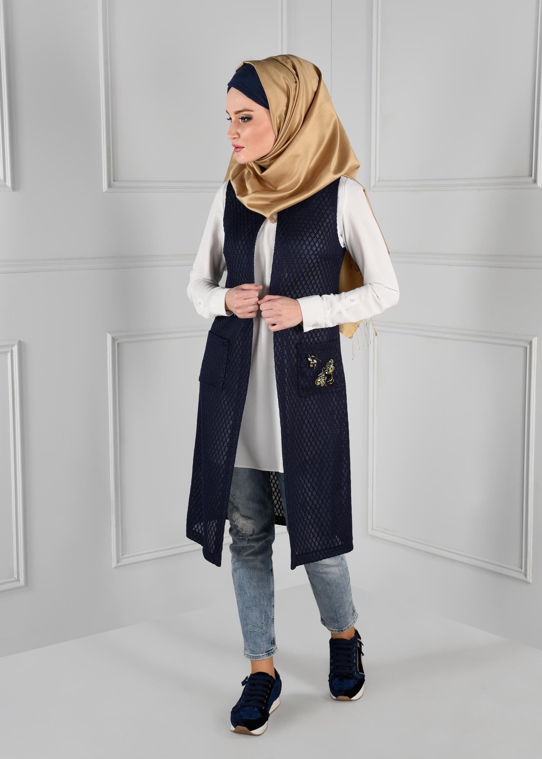 Tesettür giyim LACİVERT CEPLİ FİLE YELEK 4835