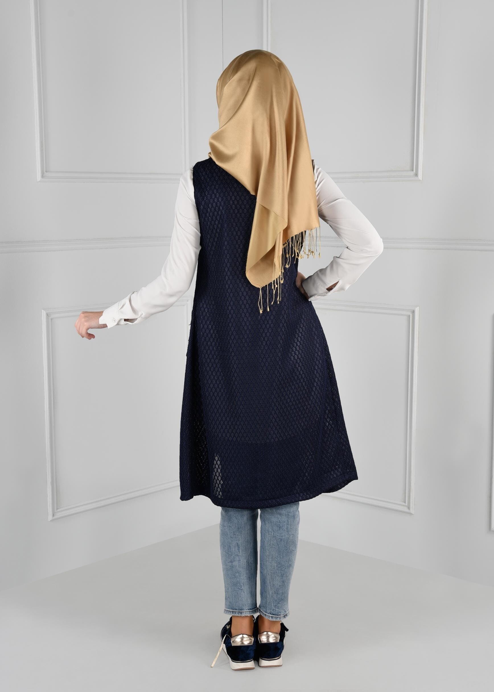 Tesettür giyim LACİVERT CEPLİ FİLE YELEK 4835