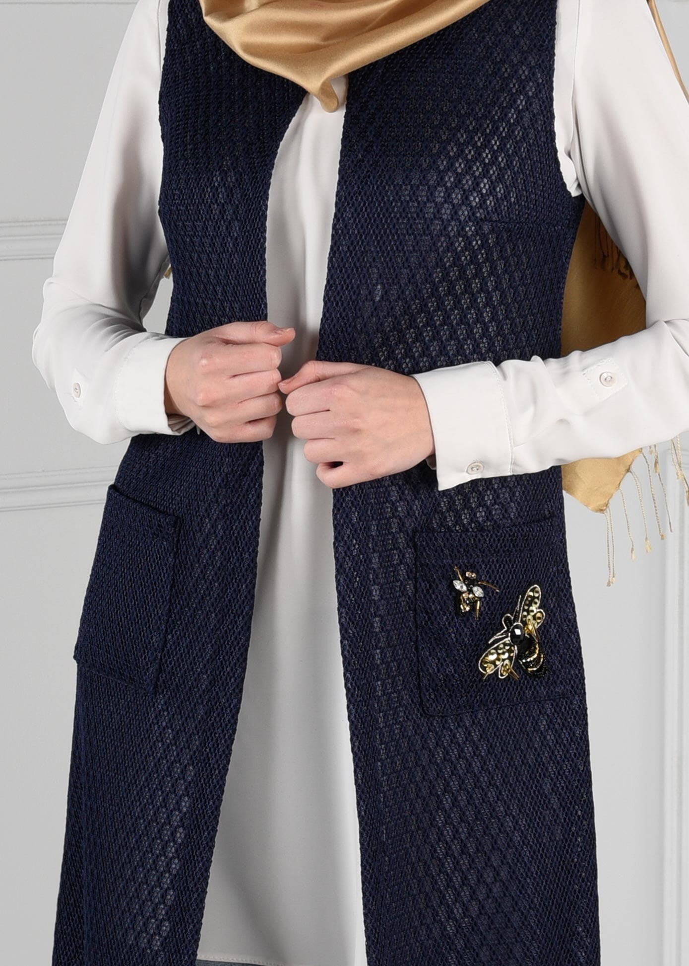 Tesettür giyim LACİVERT CEPLİ FİLE YELEK 4835