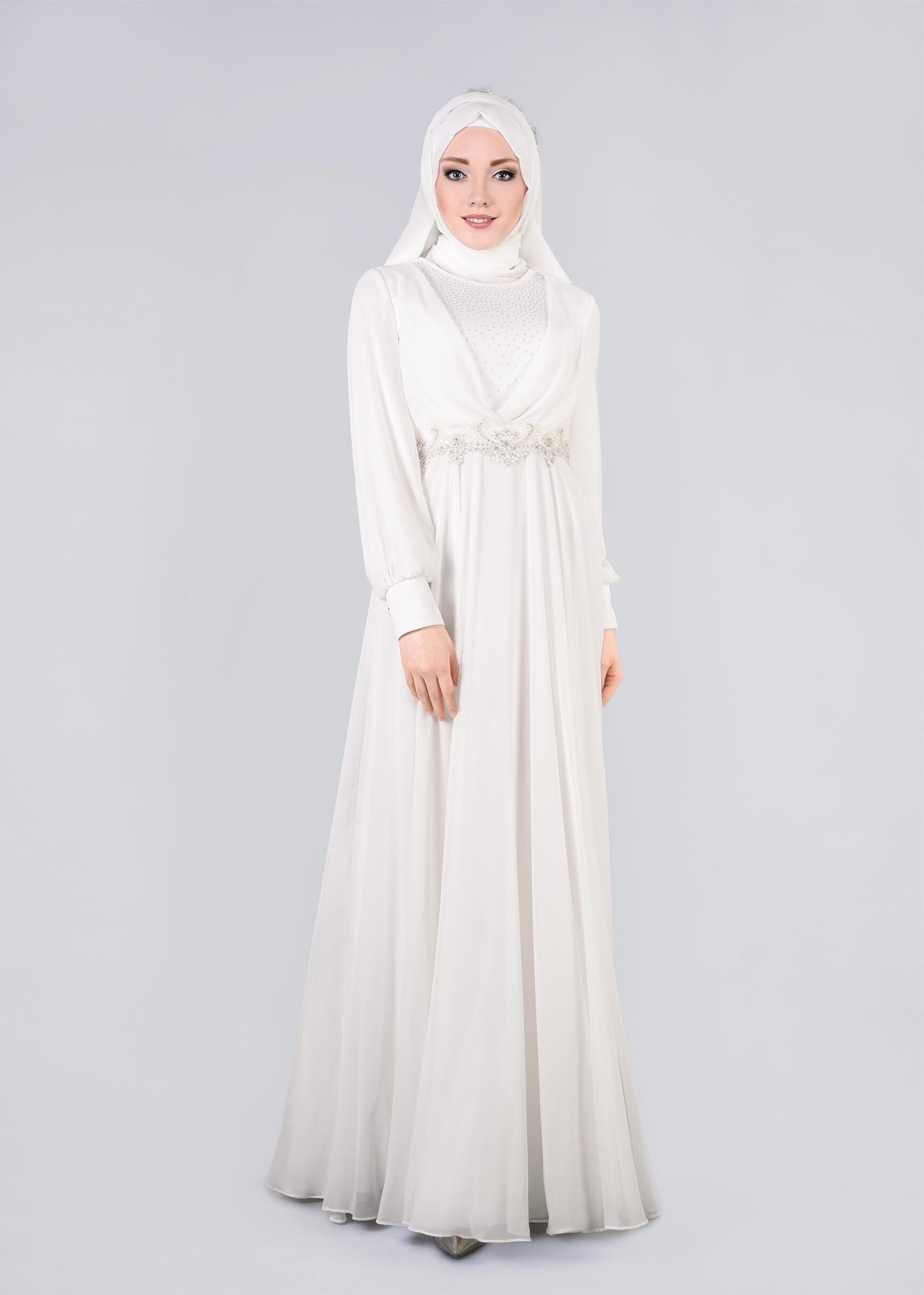 Tesettür giyim BEYAZ TAŞLI BELİ İŞLEMELİ MULTİ ŞİFON ABİYE ELBİSE 5357 