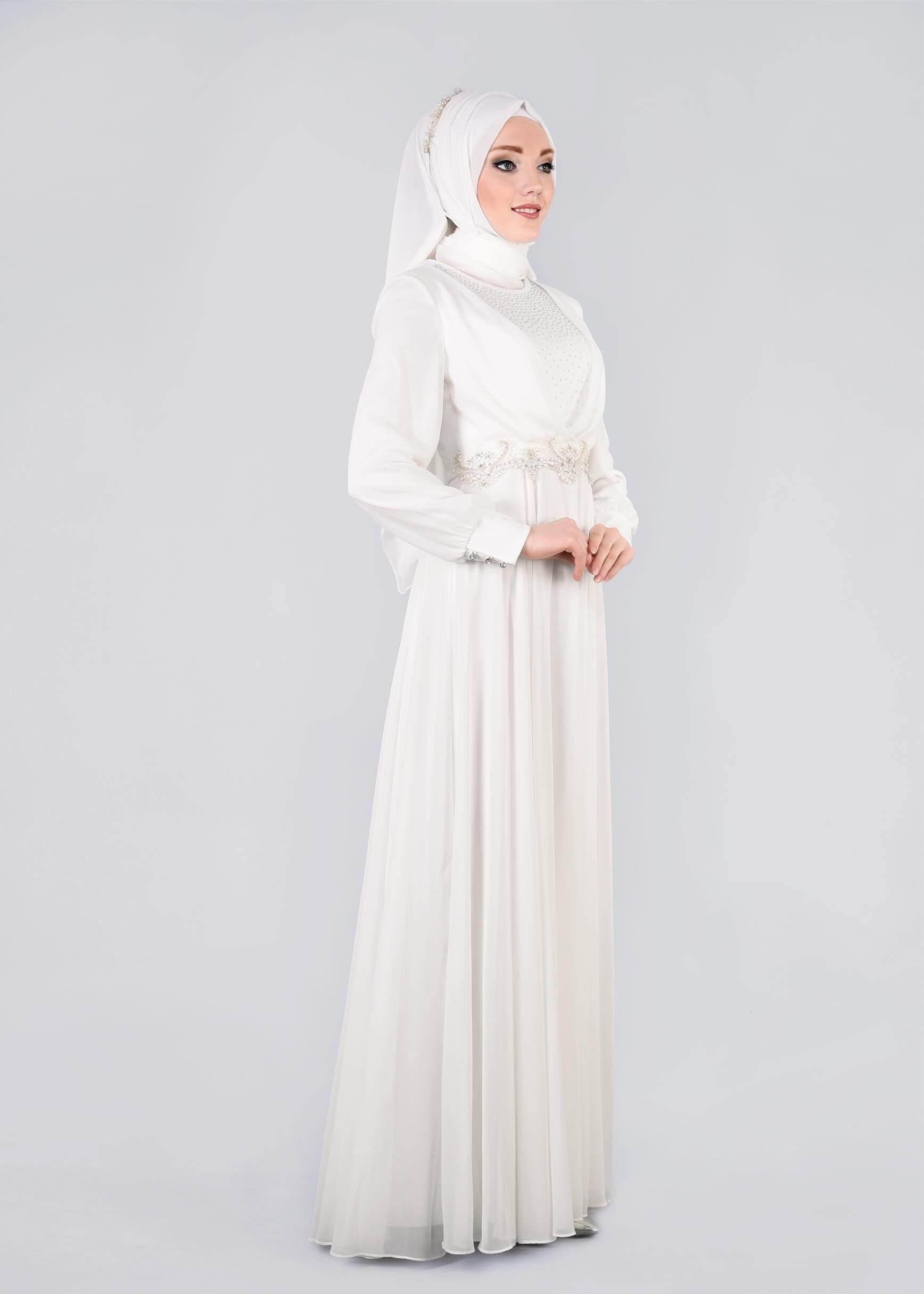 Tesettür giyim BEYAZ TAŞLI BELİ İŞLEMELİ MULTİ ŞİFON ABİYE ELBİSE 5357 