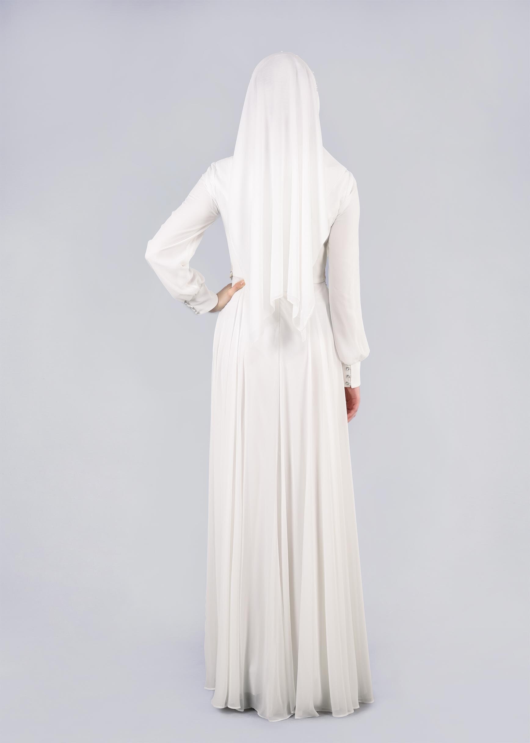 Tesettür giyim BEYAZ TAŞLI BELİ İŞLEMELİ MULTİ ŞİFON ABİYE ELBİSE 5357 