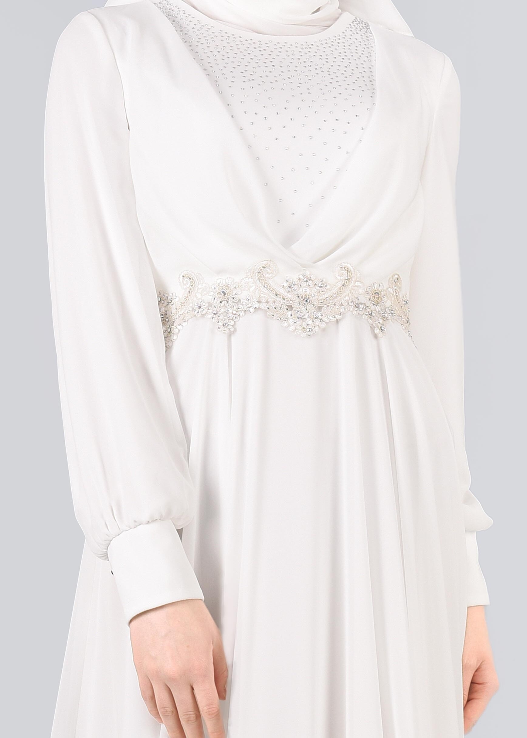 Tesettür giyim BEYAZ TAŞLI BELİ İŞLEMELİ MULTİ ŞİFON ABİYE ELBİSE 5357 