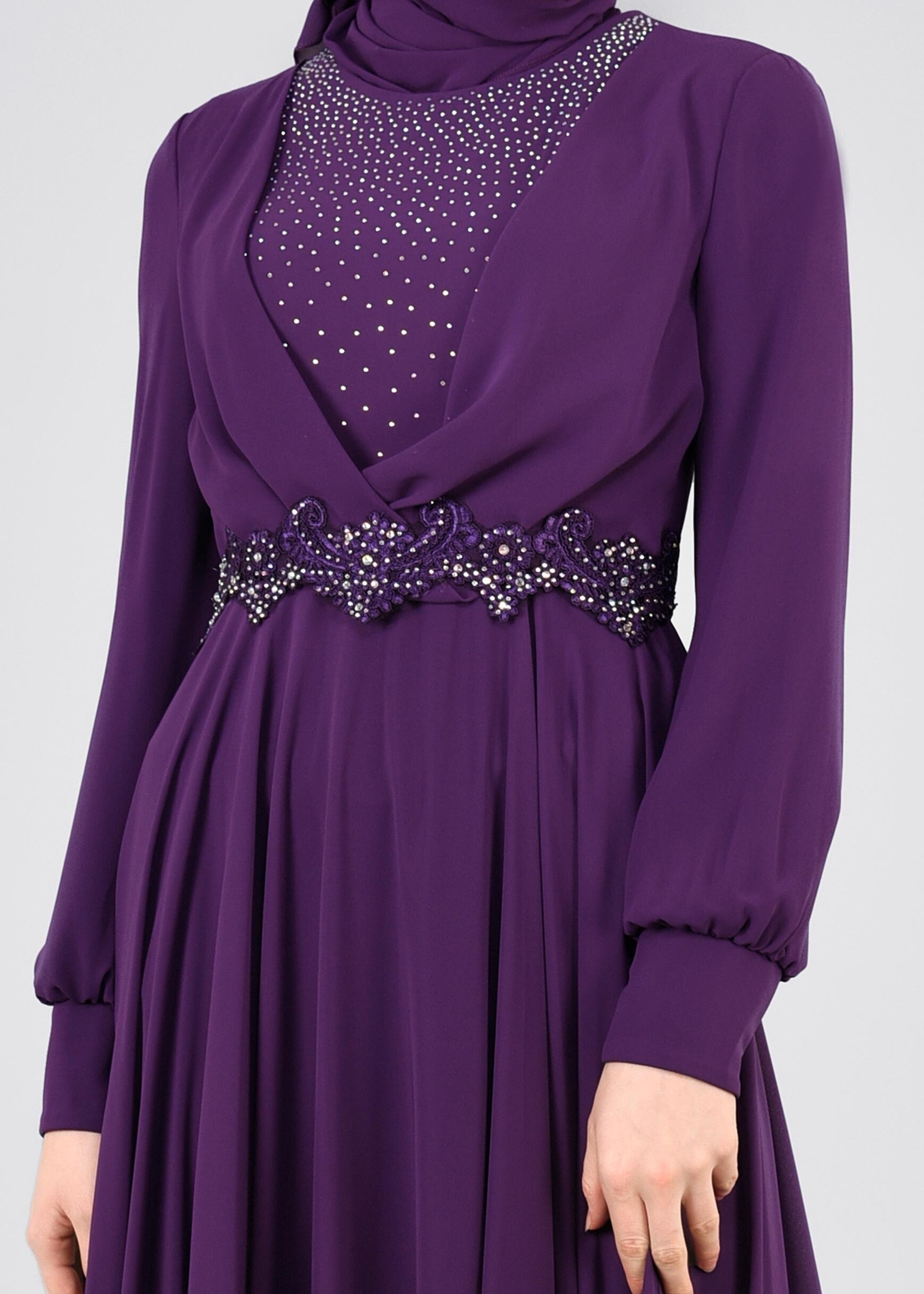 Tesettür giyim MOR TAŞLI BELİ İŞLEMELİ MULTİ ŞİFON ABİYE ELBİSE 5357 
