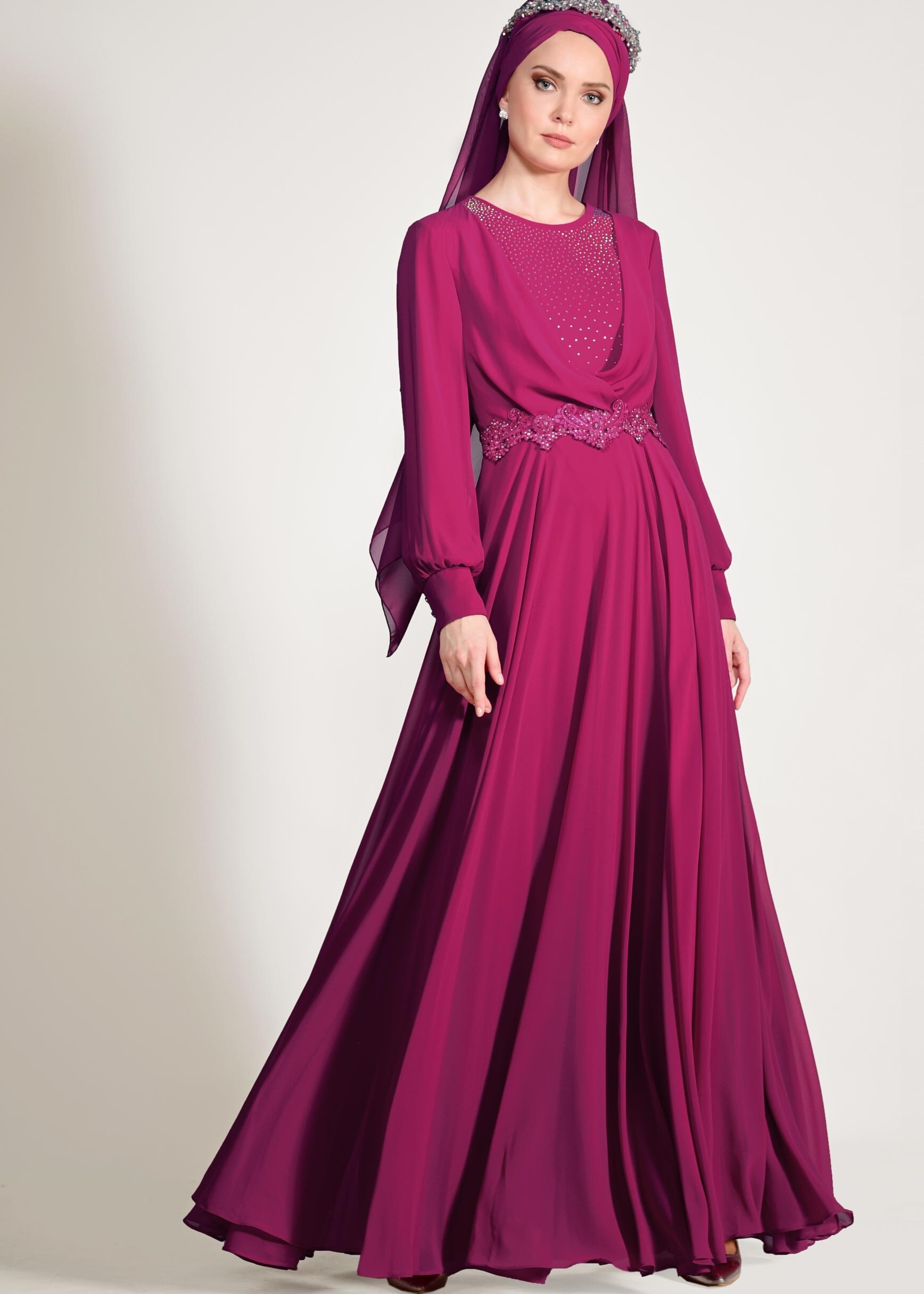 Tesettür giyim FUŞYA TAŞLI BELİ İŞLEMELİ MULTİ ŞİFON ABİYE ELBİSE 5357 