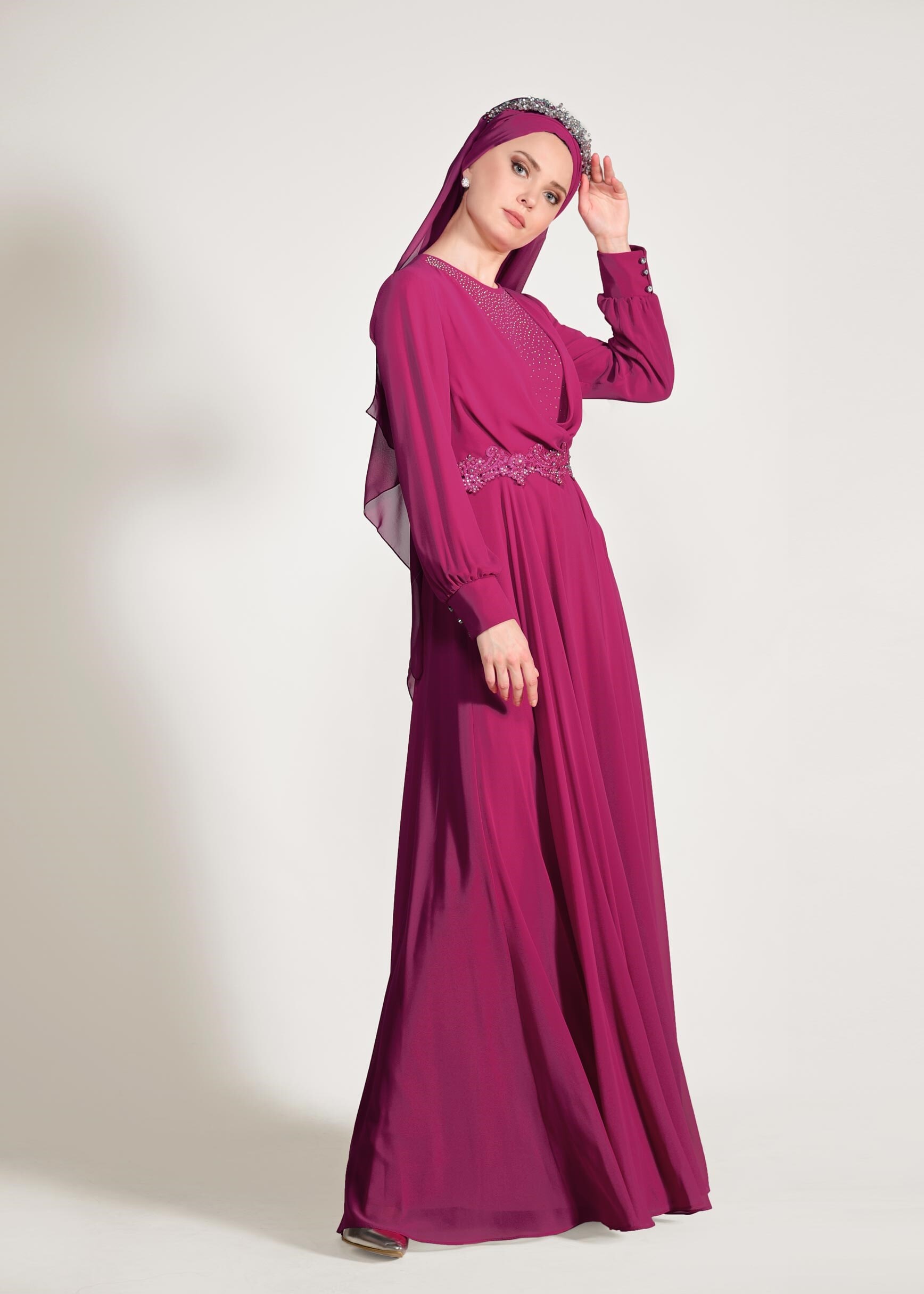 Tesettür giyim FUŞYA TAŞLI BELİ İŞLEMELİ MULTİ ŞİFON ABİYE ELBİSE 5357 