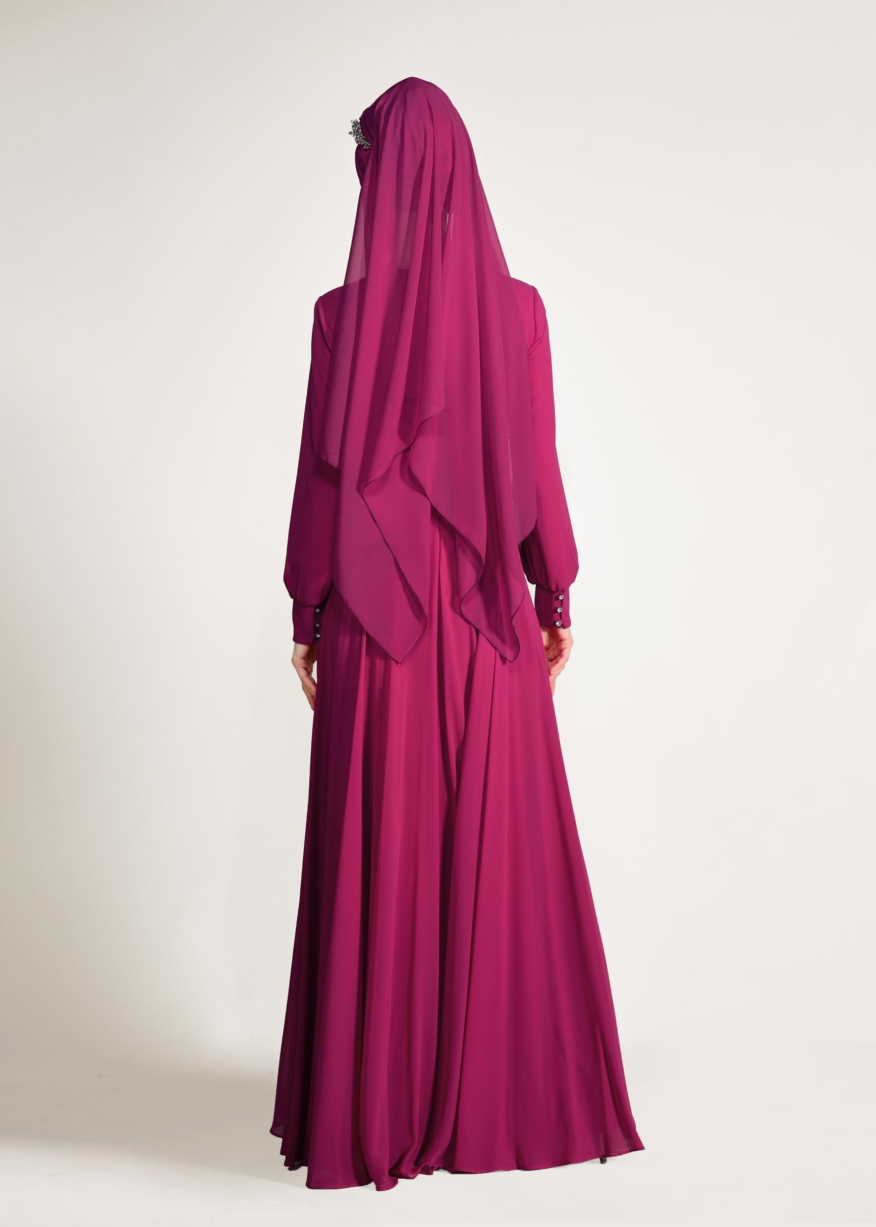 Tesettür giyim FUŞYA TAŞLI BELİ İŞLEMELİ MULTİ ŞİFON ABİYE ELBİSE 5357 