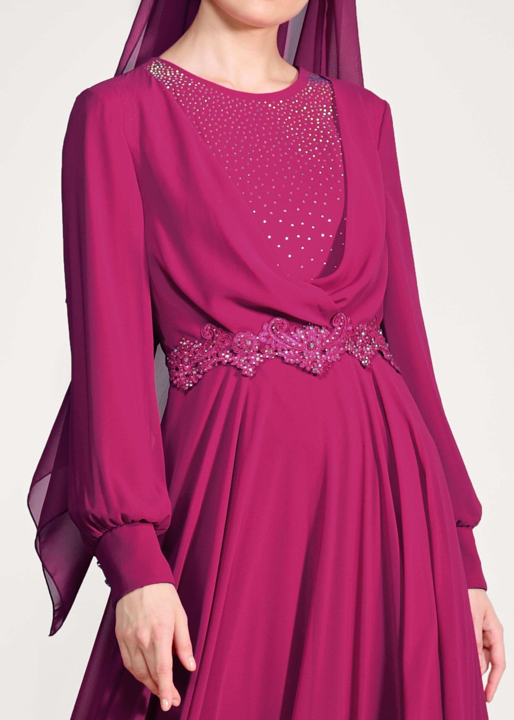 Tesettür giyim FUŞYA TAŞLI BELİ İŞLEMELİ MULTİ ŞİFON ABİYE ELBİSE 5357 