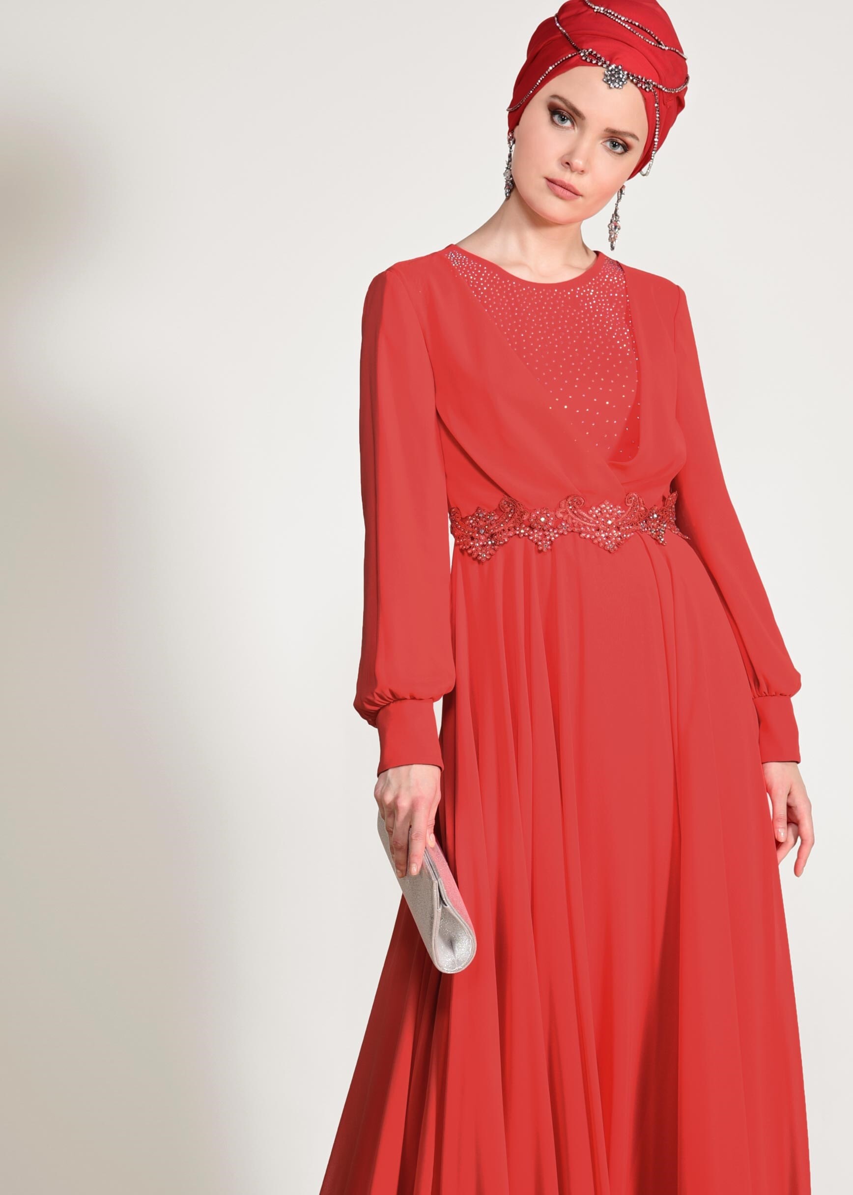 Tesettür giyim MERCAN TAŞLI BELİ İŞLEMELİ MULTİ ŞİFON ABİYE ELBİSE 5357 