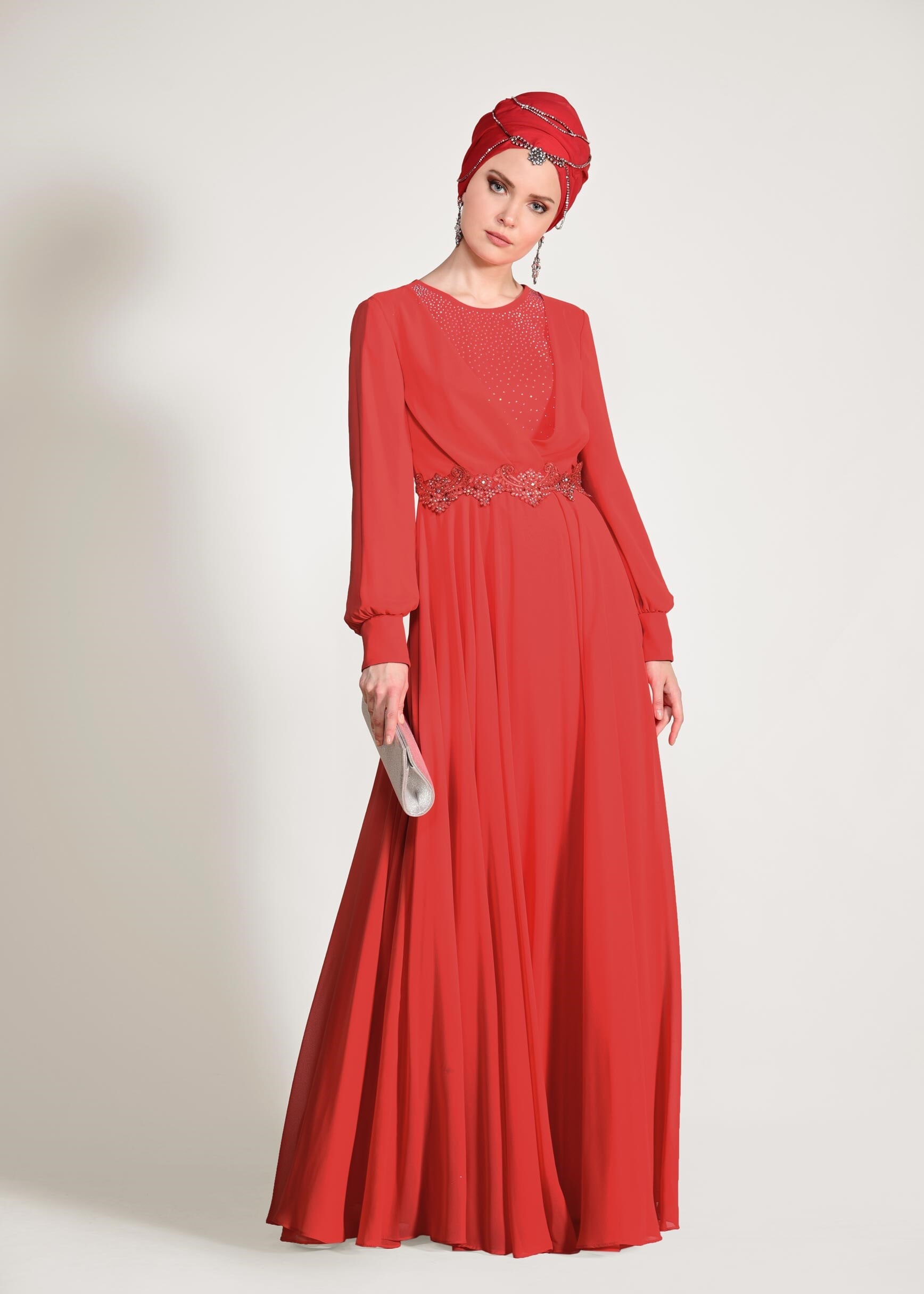 Tesettür giyim MERCAN TAŞLI BELİ İŞLEMELİ MULTİ ŞİFON ABİYE ELBİSE 5357 