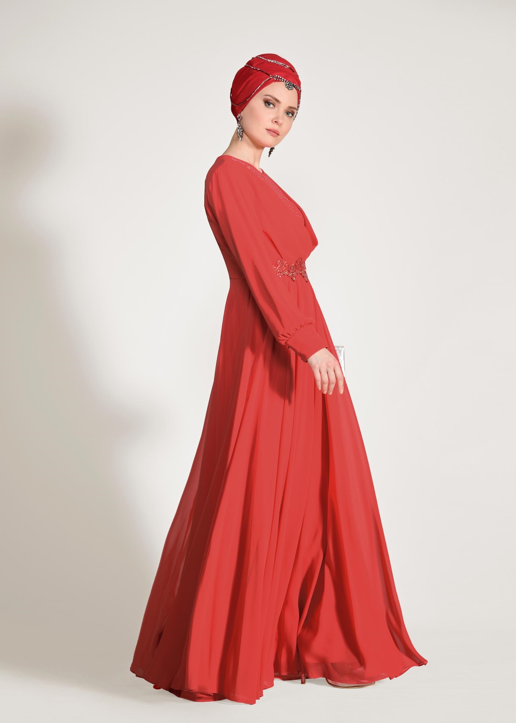 Tesettür giyim MERCAN TAŞLI BELİ İŞLEMELİ MULTİ ŞİFON ABİYE ELBİSE 5357 