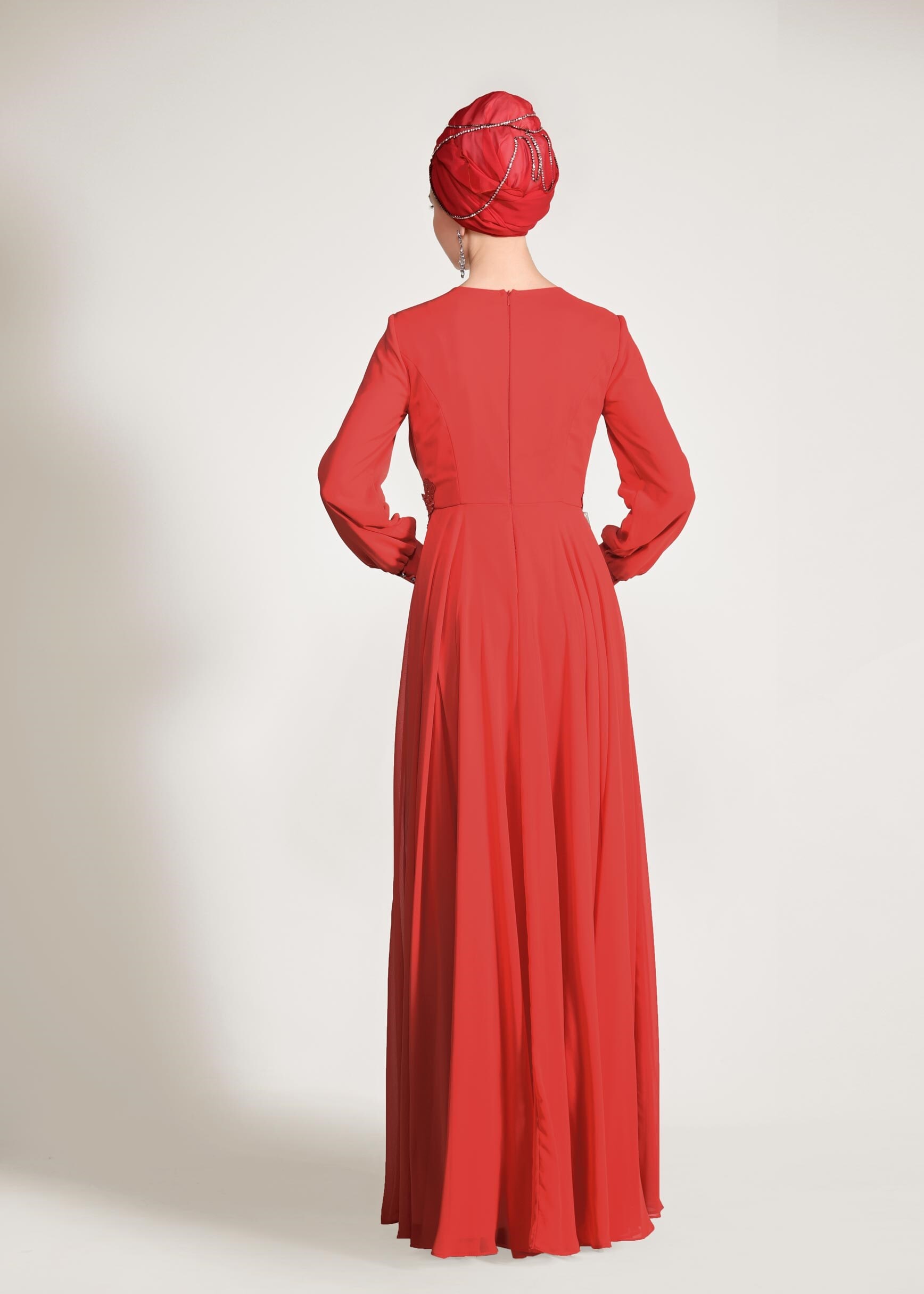 Tesettür giyim MERCAN TAŞLI BELİ İŞLEMELİ MULTİ ŞİFON ABİYE ELBİSE 5357 