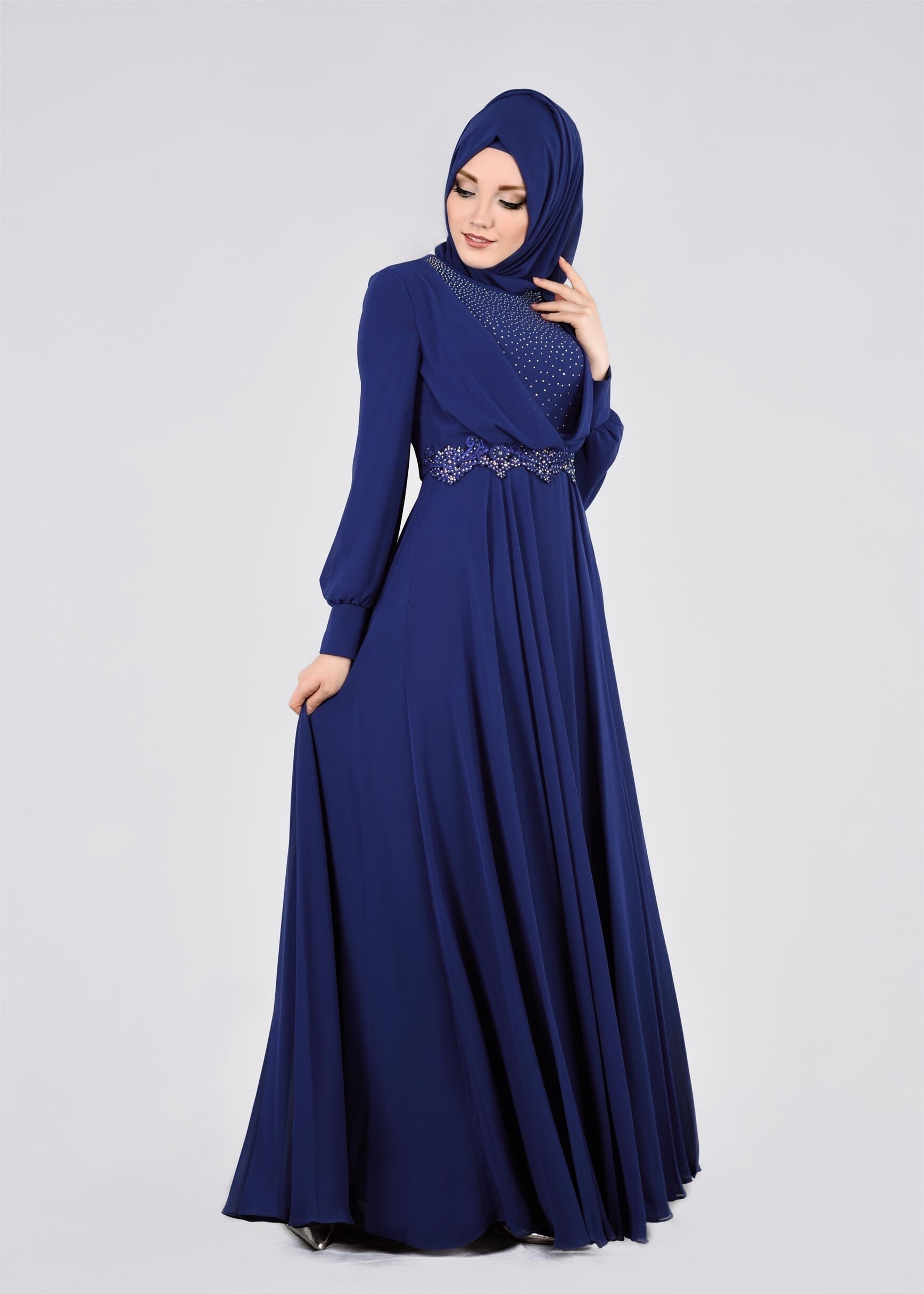 Tesettür giyim LACİVERT TAŞLI BELİ İŞLEMELİ MULTİ ŞİFON ABİYE ELBİSE 5357 