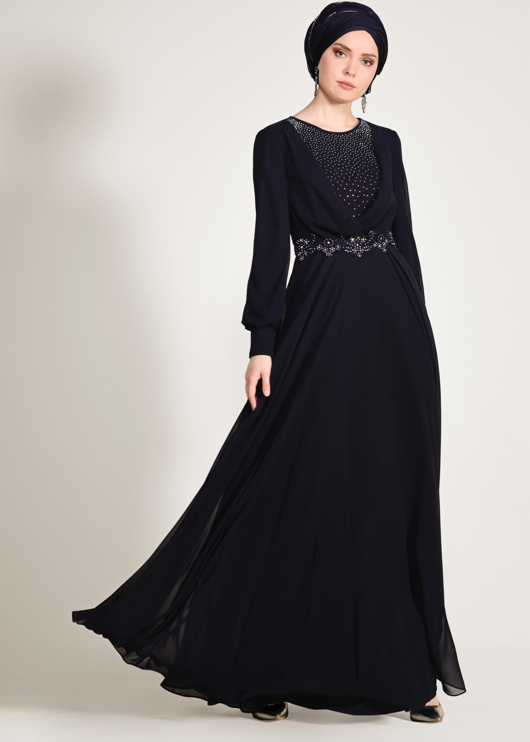 Tesettür giyim LACİVERT TAŞLI BELİ İŞLEMELİ MULTİ ŞİFON ABİYE ELBİSE 5357 