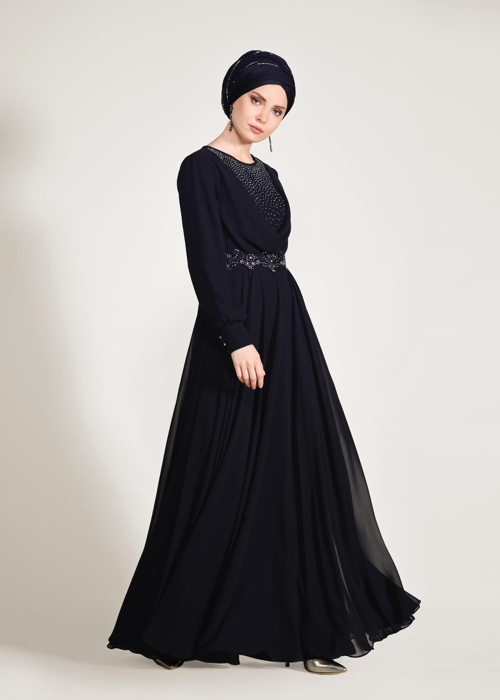 Tesettür giyim LACİVERT TAŞLI BELİ İŞLEMELİ MULTİ ŞİFON ABİYE ELBİSE 5357 