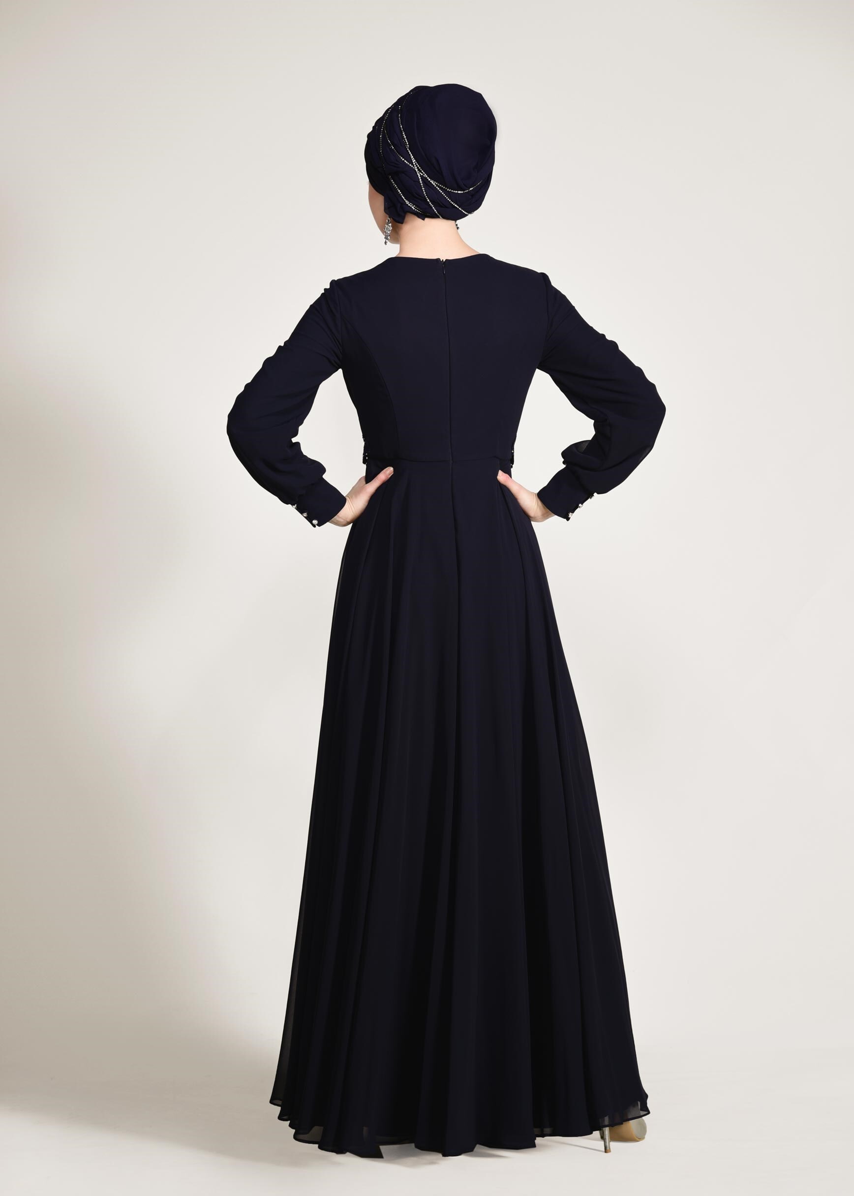 Tesettür giyim LACİVERT TAŞLI BELİ İŞLEMELİ MULTİ ŞİFON ABİYE ELBİSE 5357 