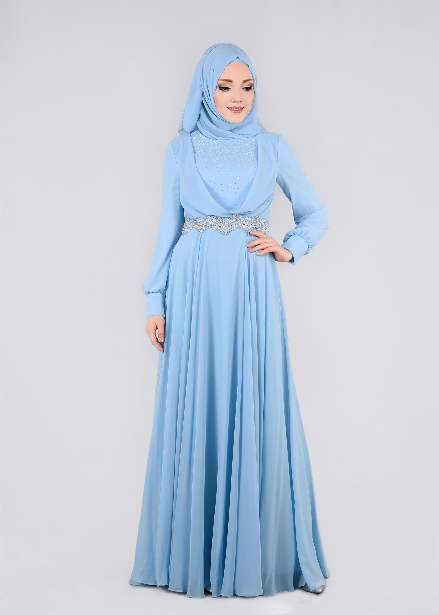 Tesettür giyim MAVİ TAŞLI BELİ İŞLEMELİ MULTİ ŞİFON ABİYE ELBİSE 5357 
