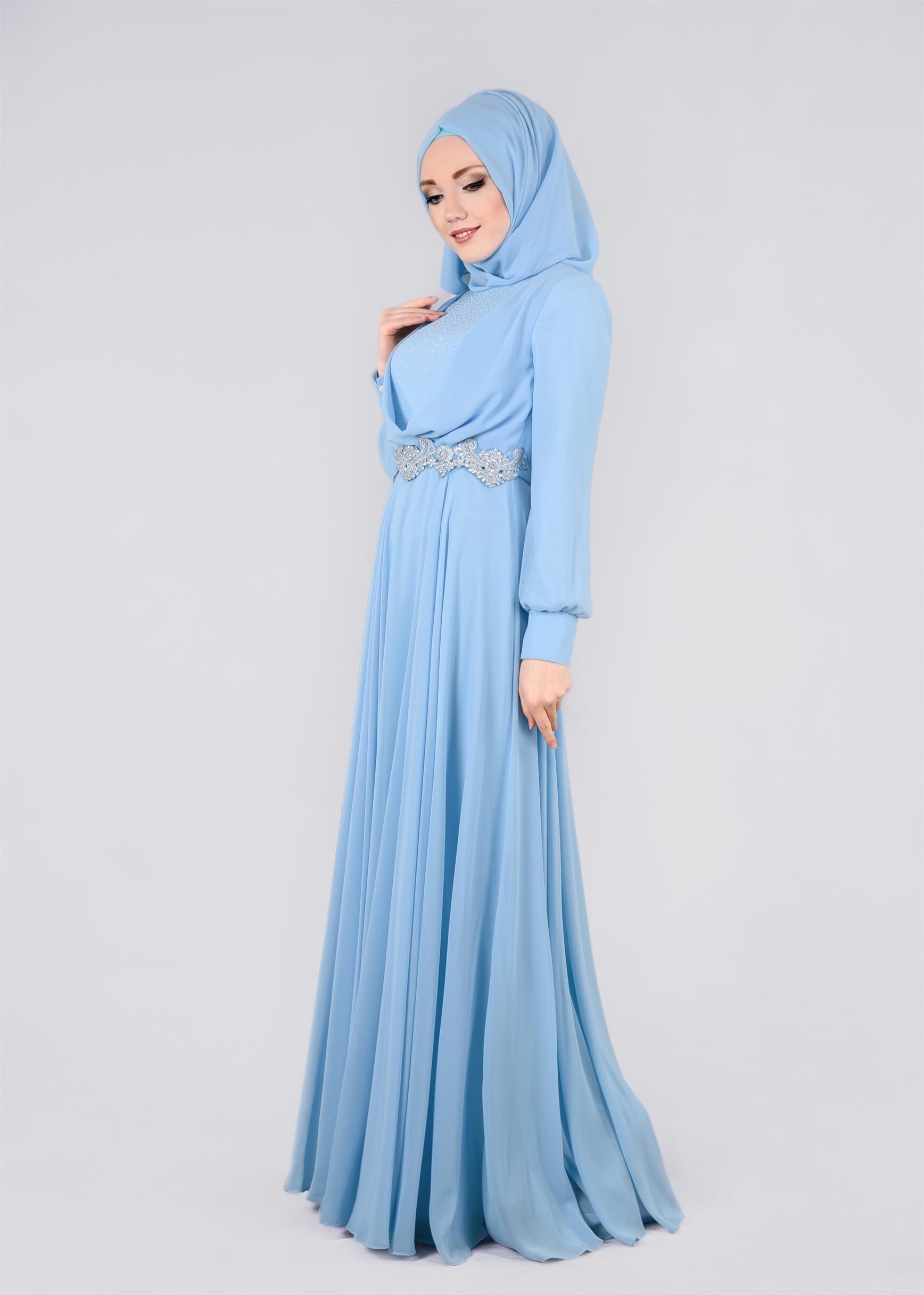 Tesettür giyim MAVİ TAŞLI BELİ İŞLEMELİ MULTİ ŞİFON ABİYE ELBİSE 5357 