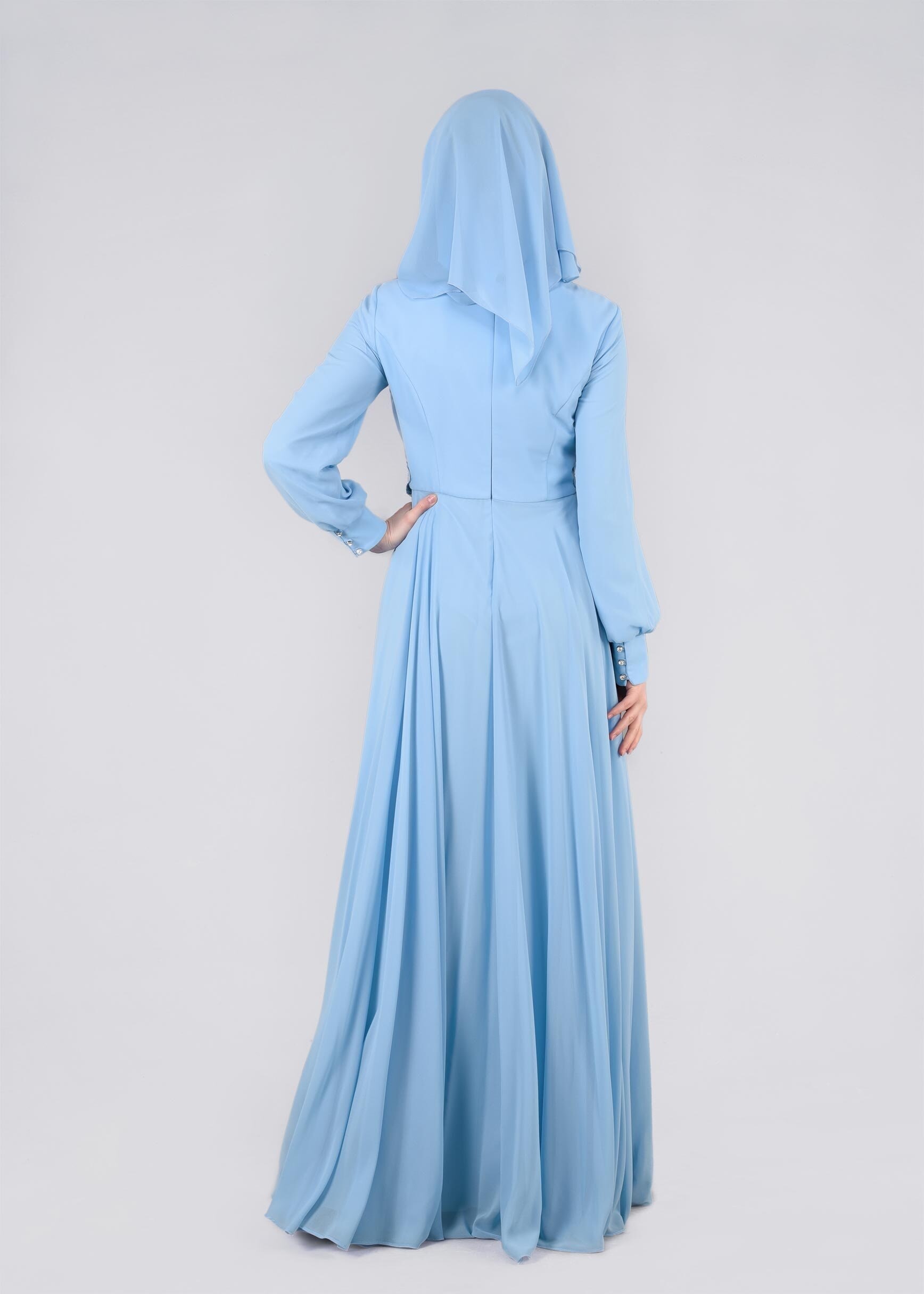 Tesettür giyim MAVİ TAŞLI BELİ İŞLEMELİ MULTİ ŞİFON ABİYE ELBİSE 5357 