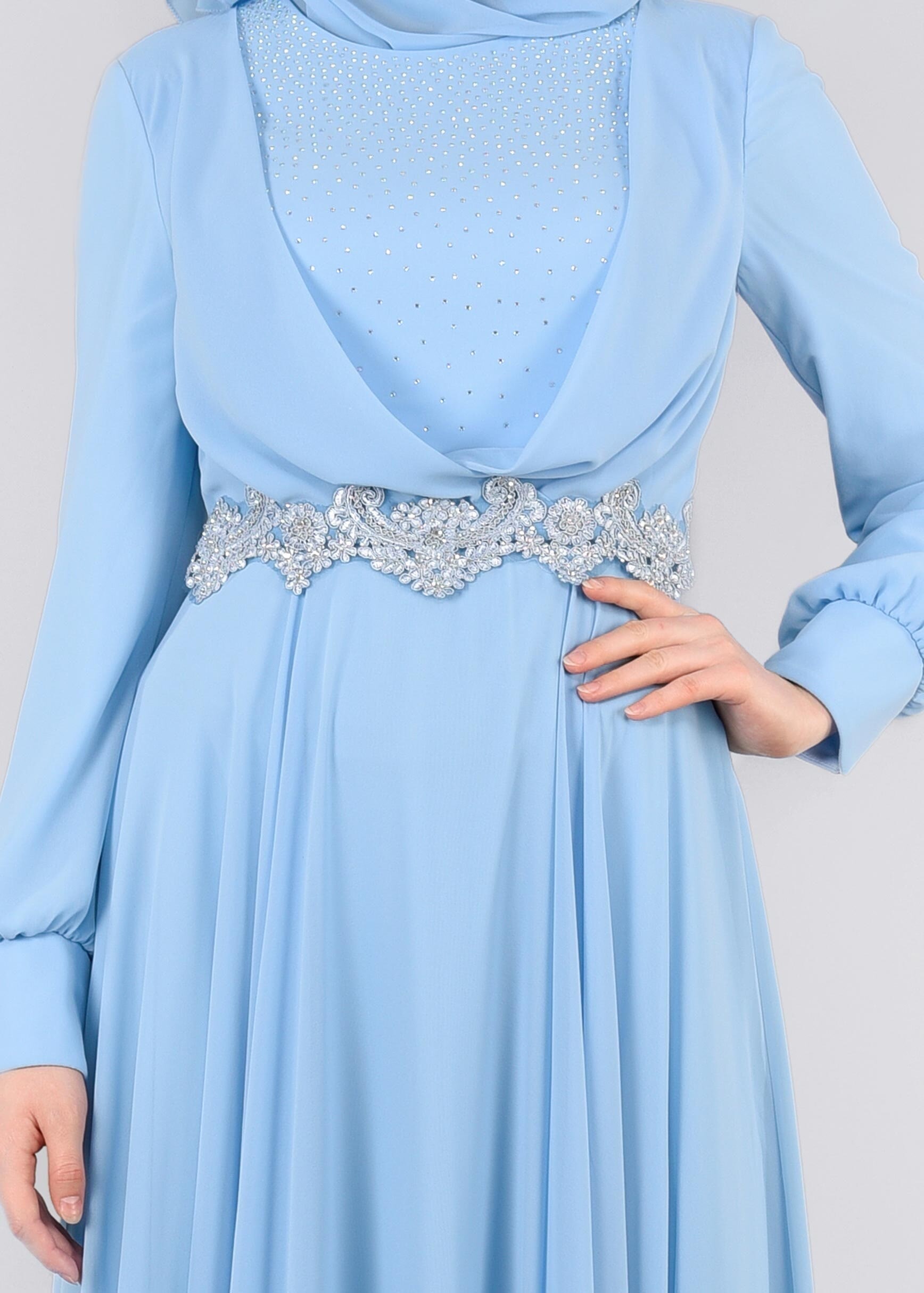 Tesettür giyim MAVİ TAŞLI BELİ İŞLEMELİ MULTİ ŞİFON ABİYE ELBİSE 5357 