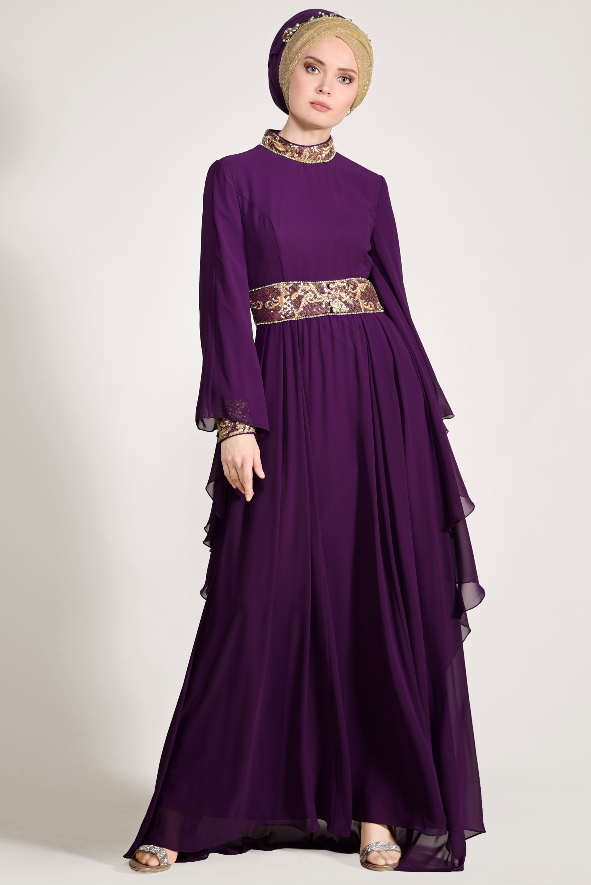 Tesettür giyim MOR KOLLARI VOLANLI HAKİM YAKA MULTİ ŞİFON ABİYE ELBİSE 5410