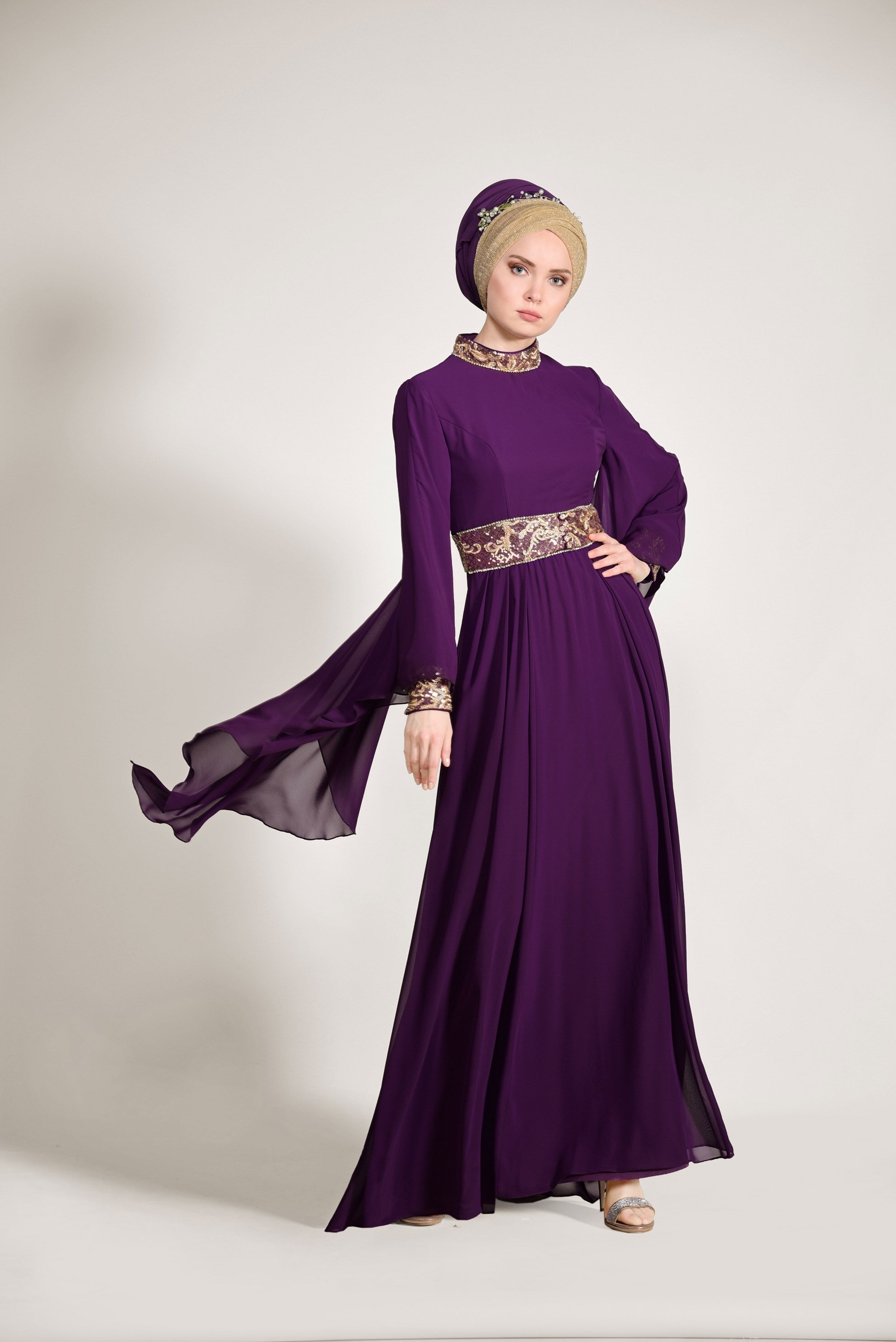 Tesettür giyim MOR KOLLARI VOLANLI HAKİM YAKA MULTİ ŞİFON ABİYE ELBİSE 5410
