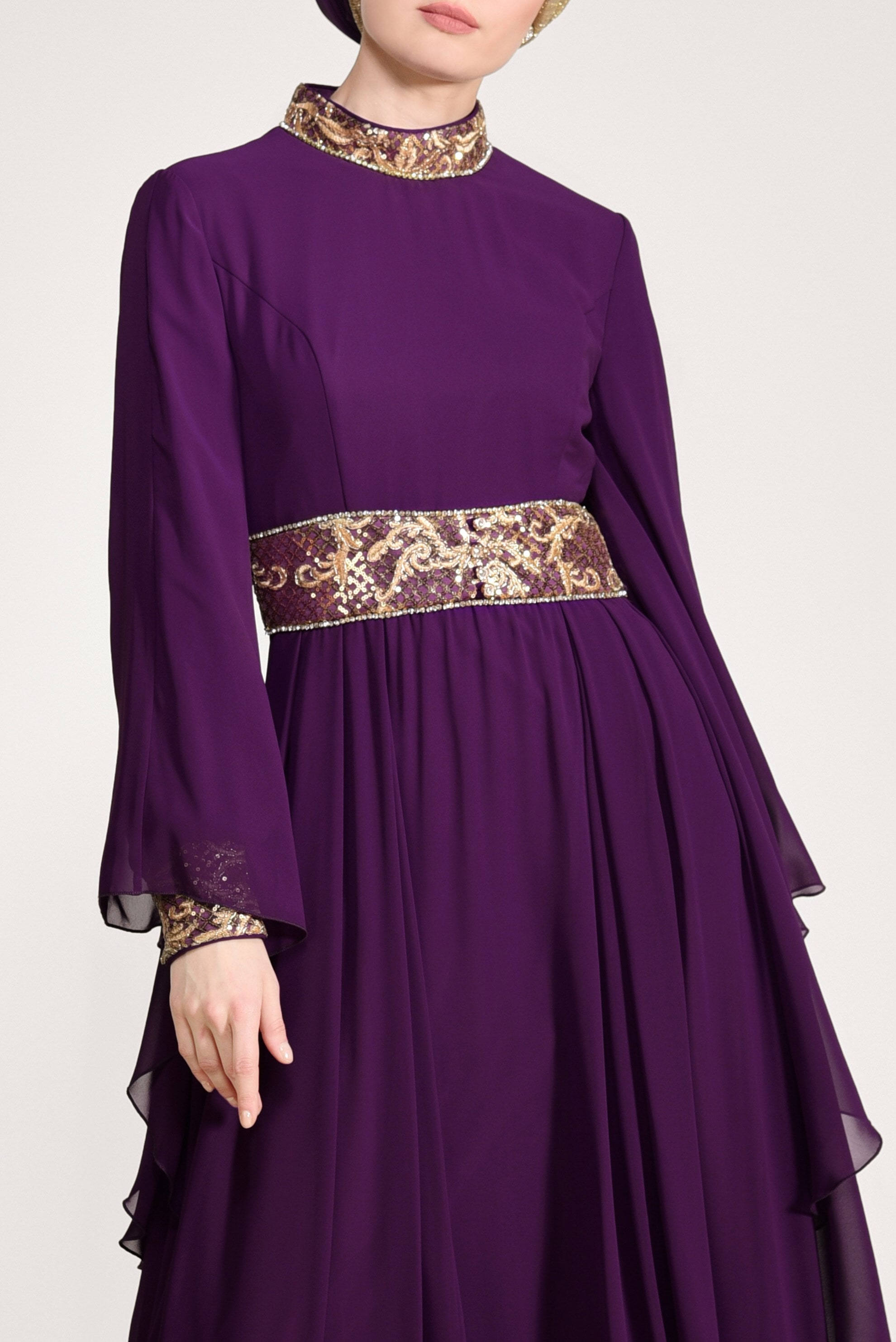 Tesettür giyim MOR KOLLARI VOLANLI HAKİM YAKA MULTİ ŞİFON ABİYE ELBİSE 5410