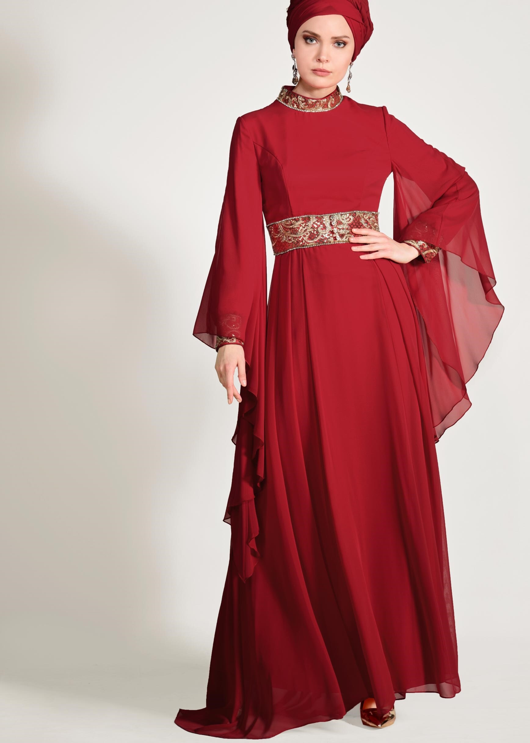 Tesettür giyim BORDO KOLLARI VOLANLI HAKİM YAKA MULTİ ŞİFON ABİYE ELBİSE 5410