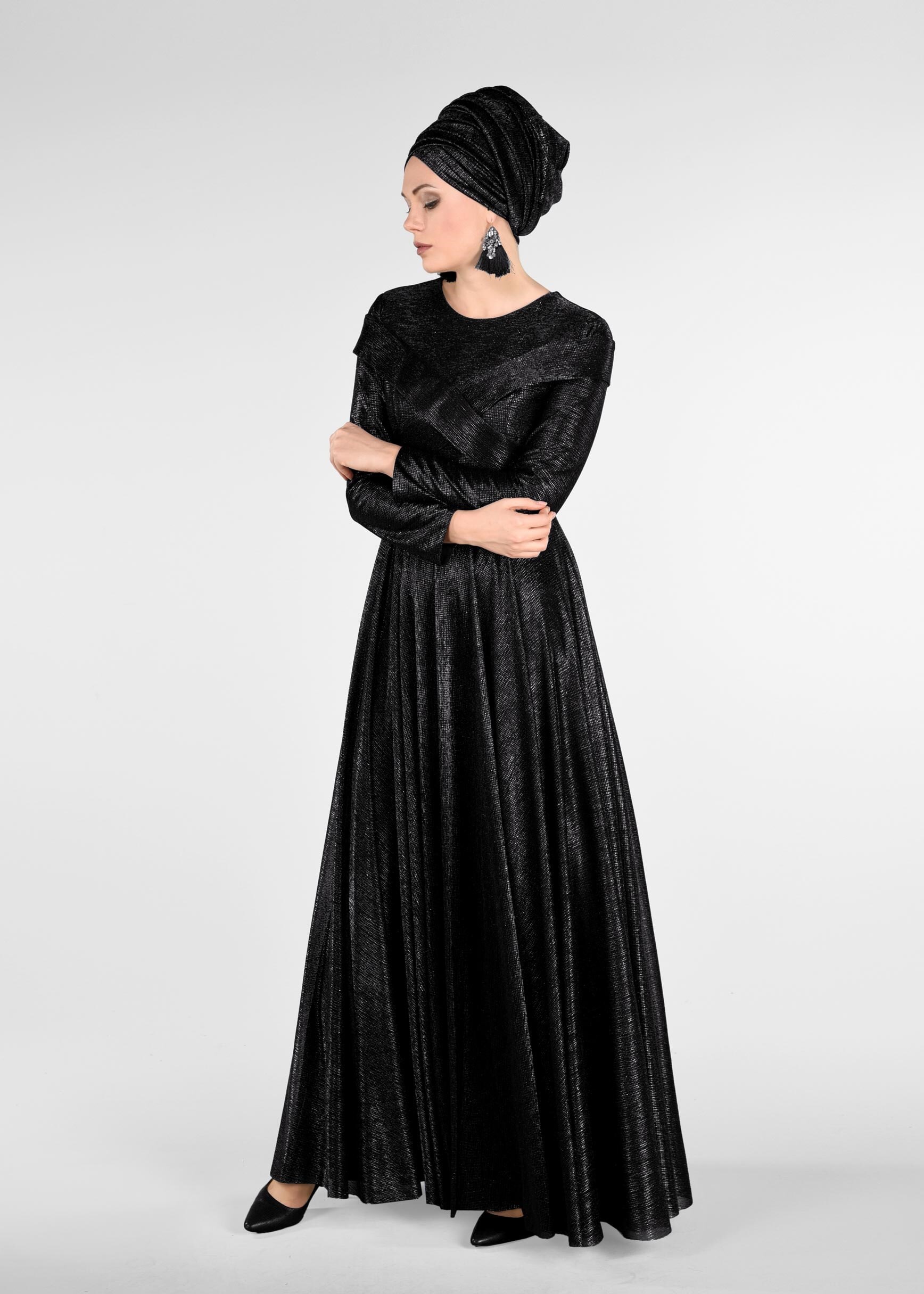 Tesettür giyim SİYAH KEMERLİ SİM KUMAŞ ABİYE ELBİSE 5422