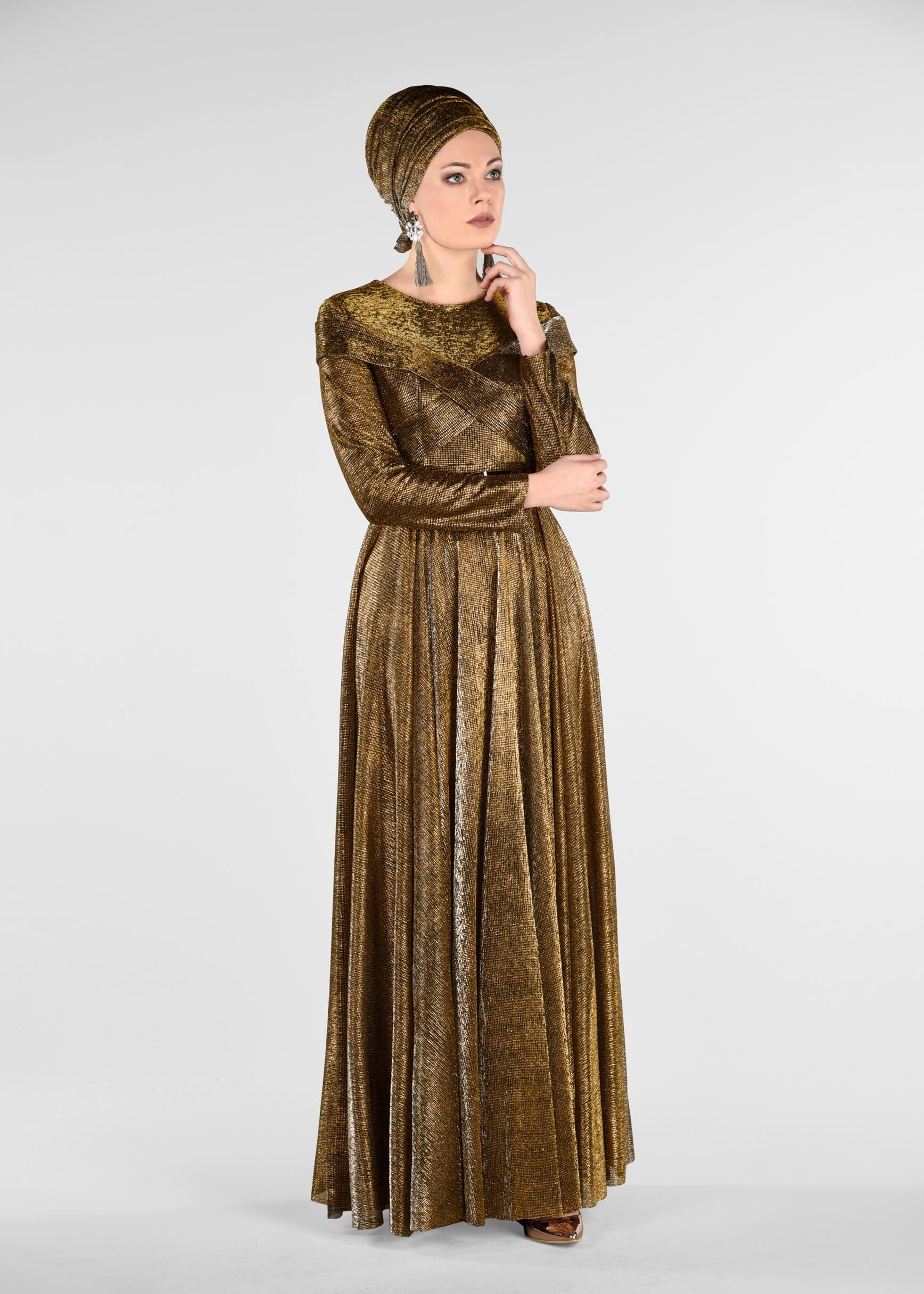 Tesettür giyim BAKIR / BRONZ KEMERLİ SİM KUMAŞ ABİYE ELBİSE 5422