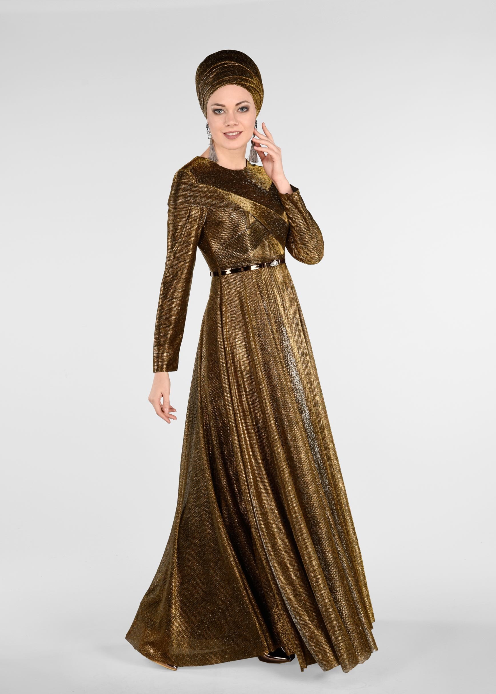 Tesettür giyim BAKIR / BRONZ KEMERLİ SİM KUMAŞ ABİYE ELBİSE 5422