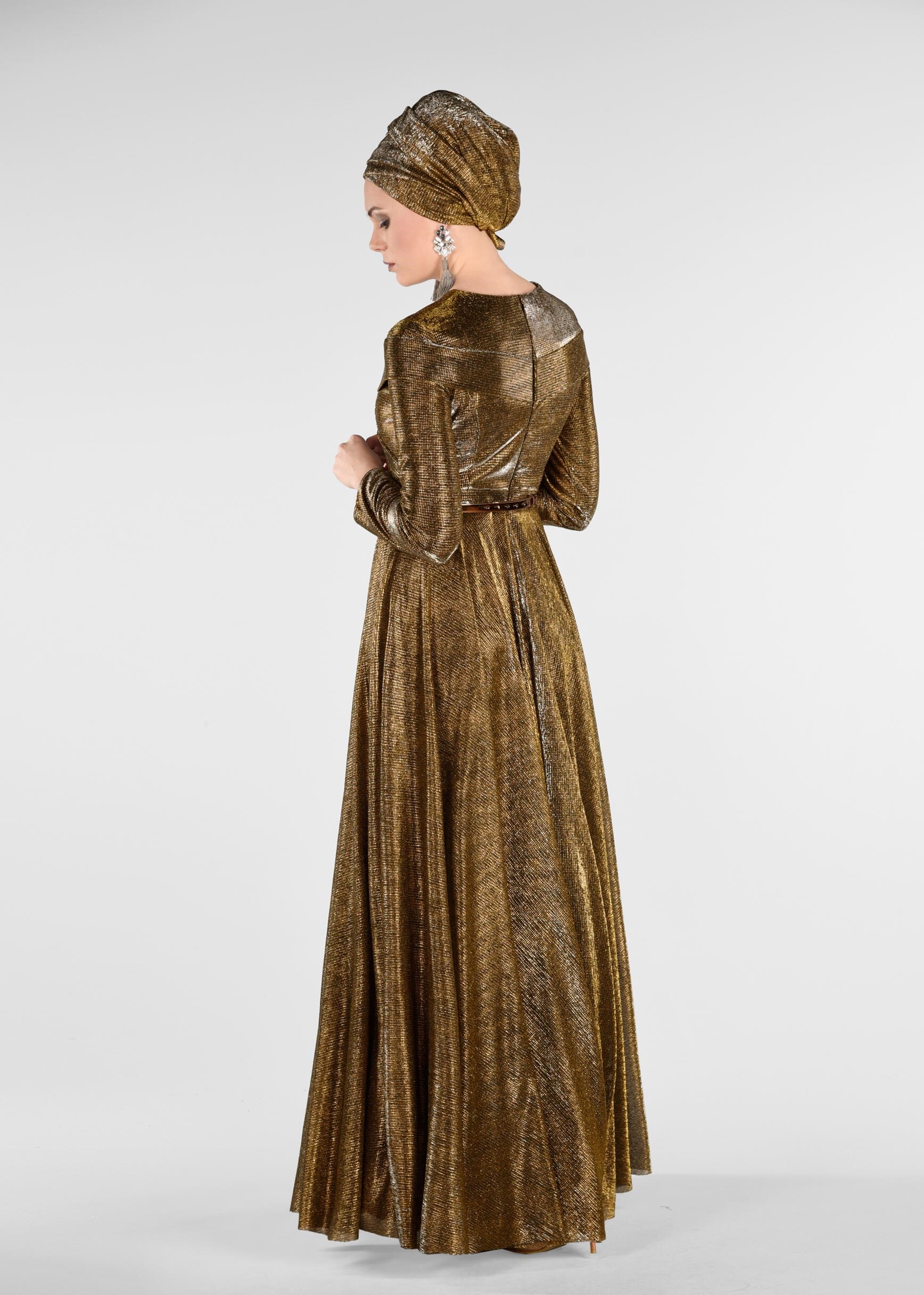 Tesettür giyim BAKIR / BRONZ KEMERLİ SİM KUMAŞ ABİYE ELBİSE 5422