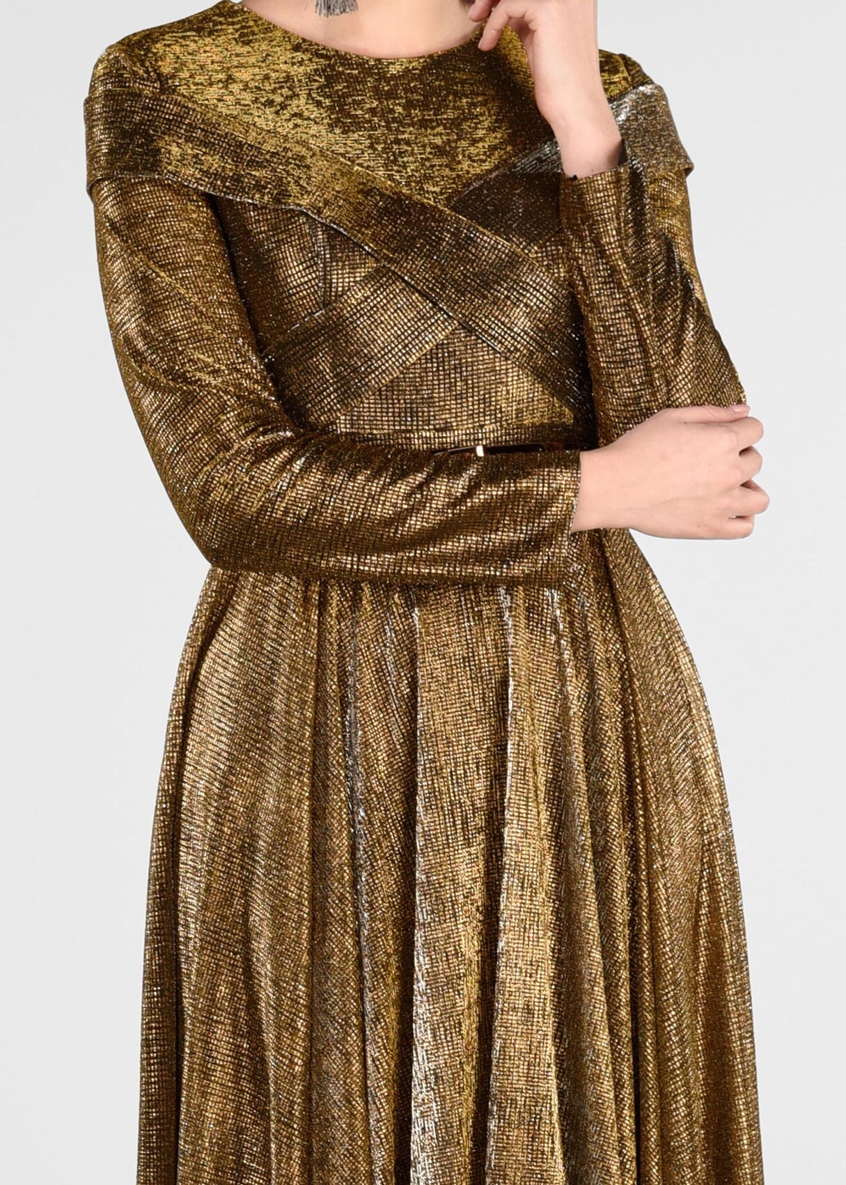 Tesettür giyim BAKIR / BRONZ KEMERLİ SİM KUMAŞ ABİYE ELBİSE 5422