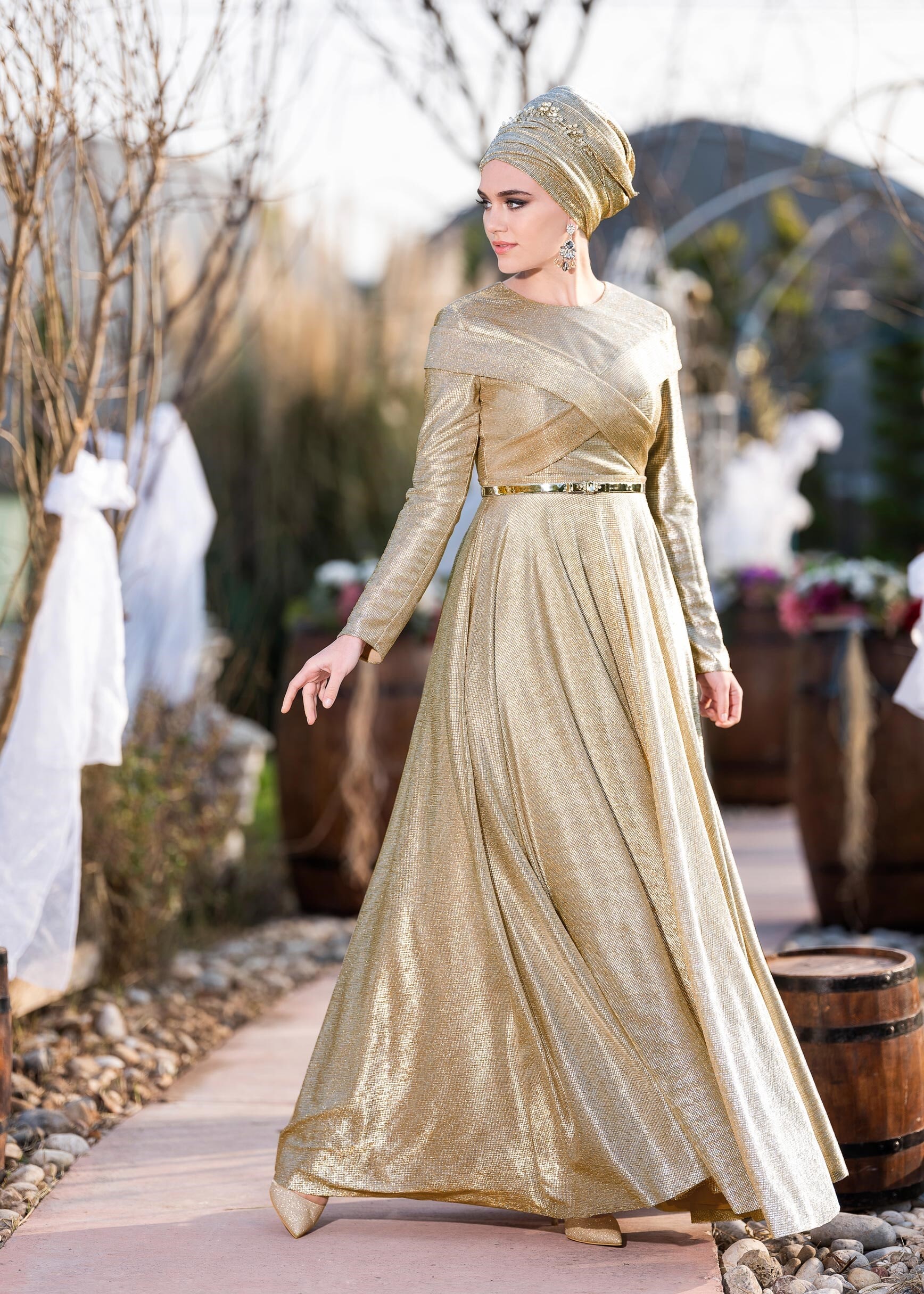 Tesettür giyim ALTIN KEMERLİ SİM KUMAŞ ABİYE ELBİSE 5422