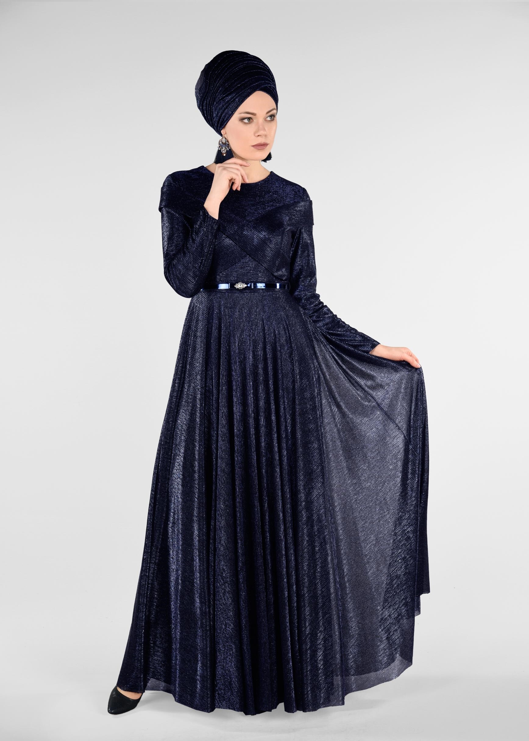 Tesettür giyim LACİVERT KEMERLİ SİM KUMAŞ ABİYE ELBİSE 5422