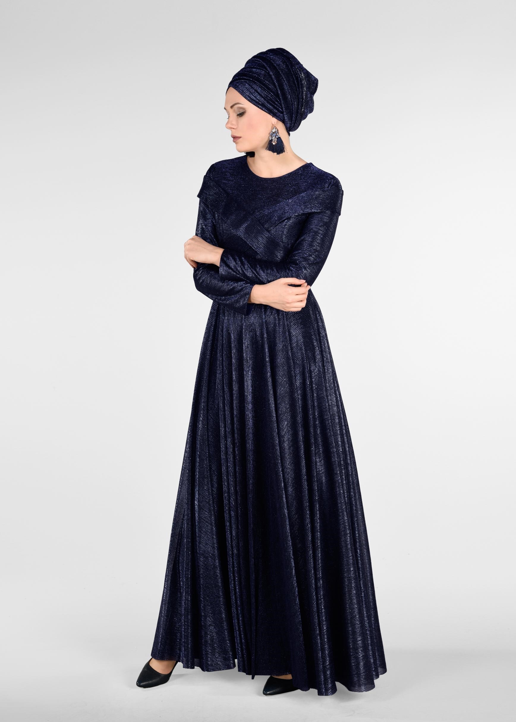 Tesettür giyim LACİVERT KEMERLİ SİM KUMAŞ ABİYE ELBİSE 5422