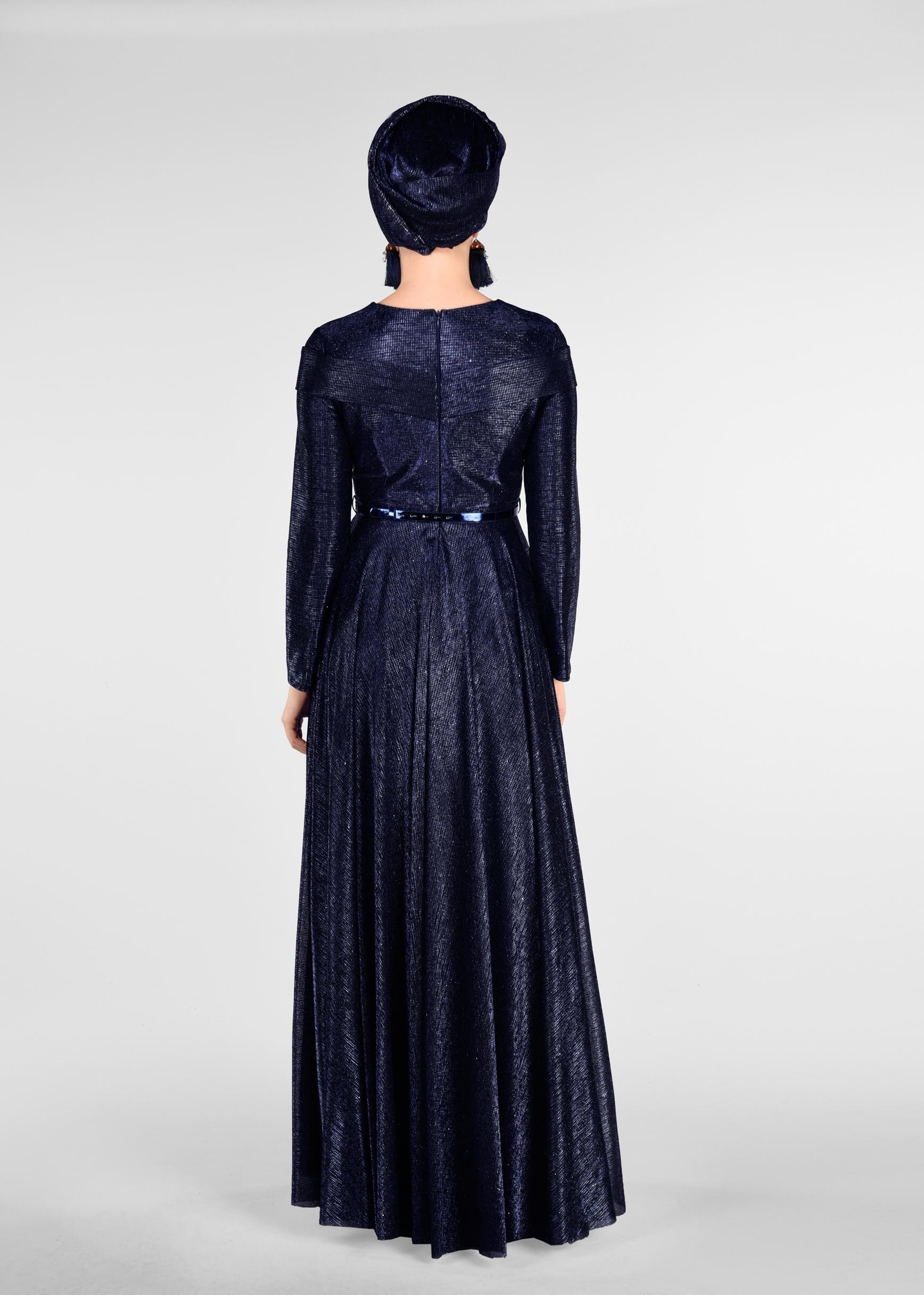 Tesettür giyim LACİVERT KEMERLİ SİM KUMAŞ ABİYE ELBİSE 5422